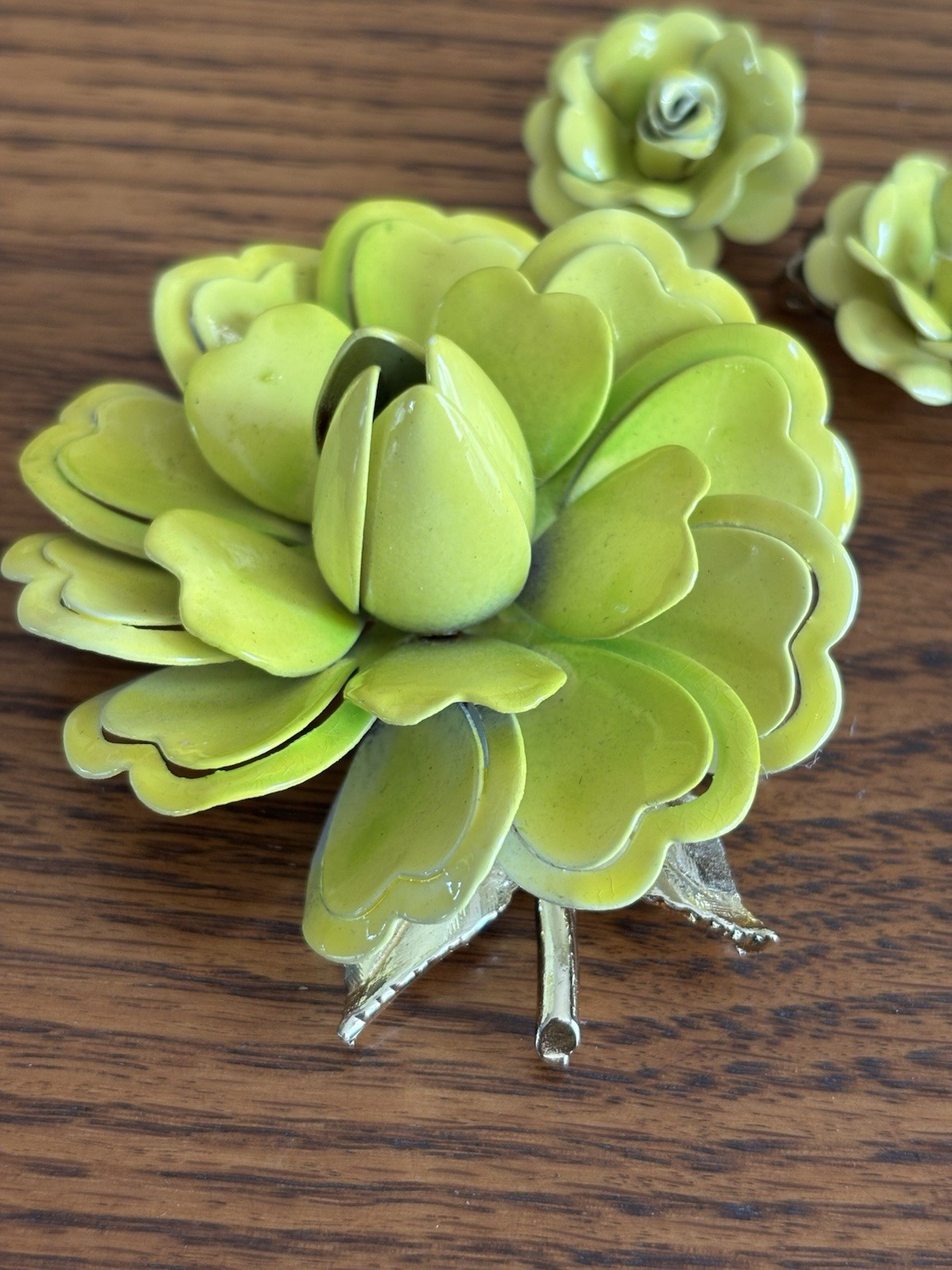 Vintage Coro Signed Lime Green Enamel Metal Brooch Earrings