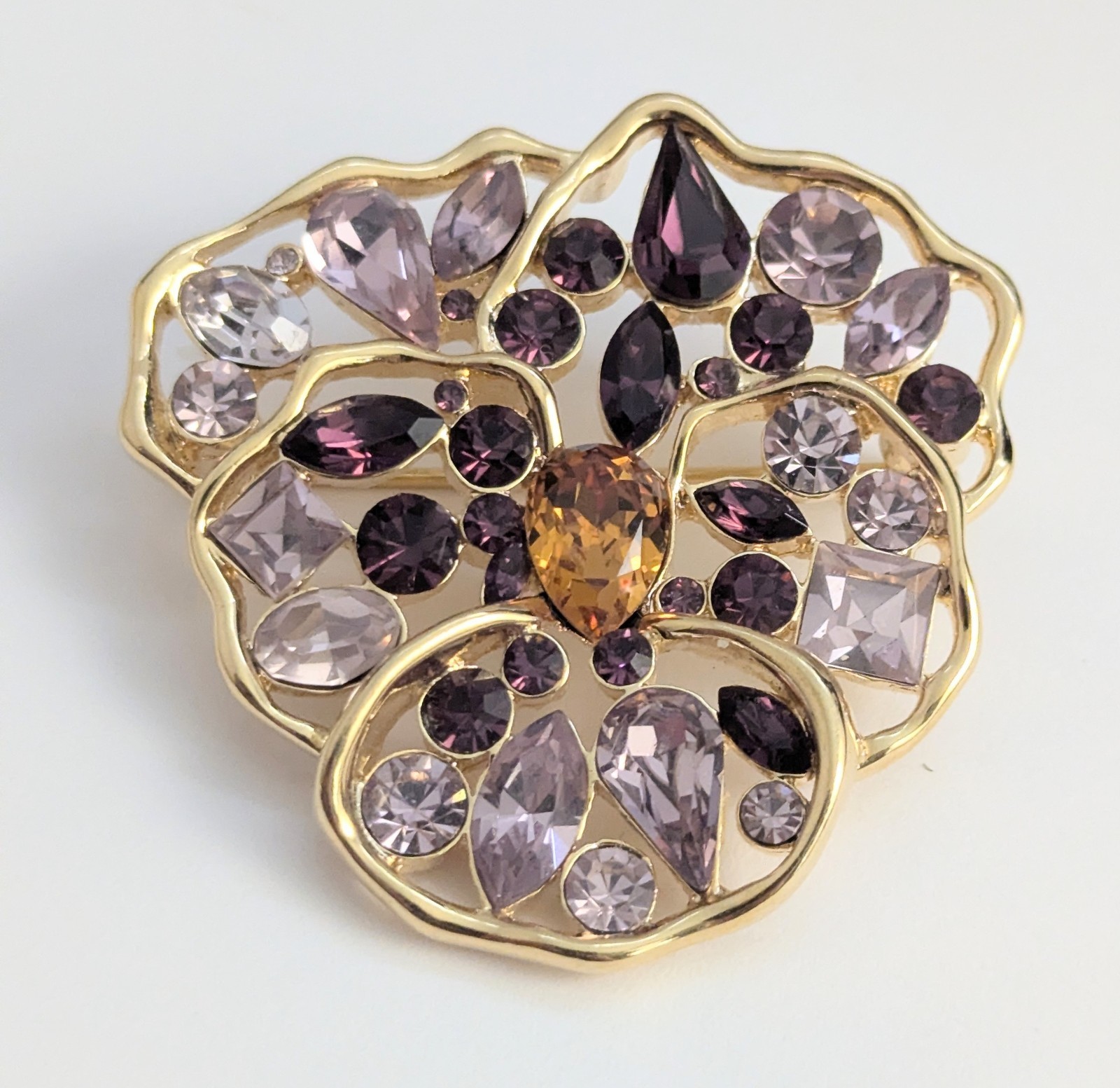Vtg Signed Nolan Miller Purple Rhinestone Pansy Flower Brooch Gold Tone
