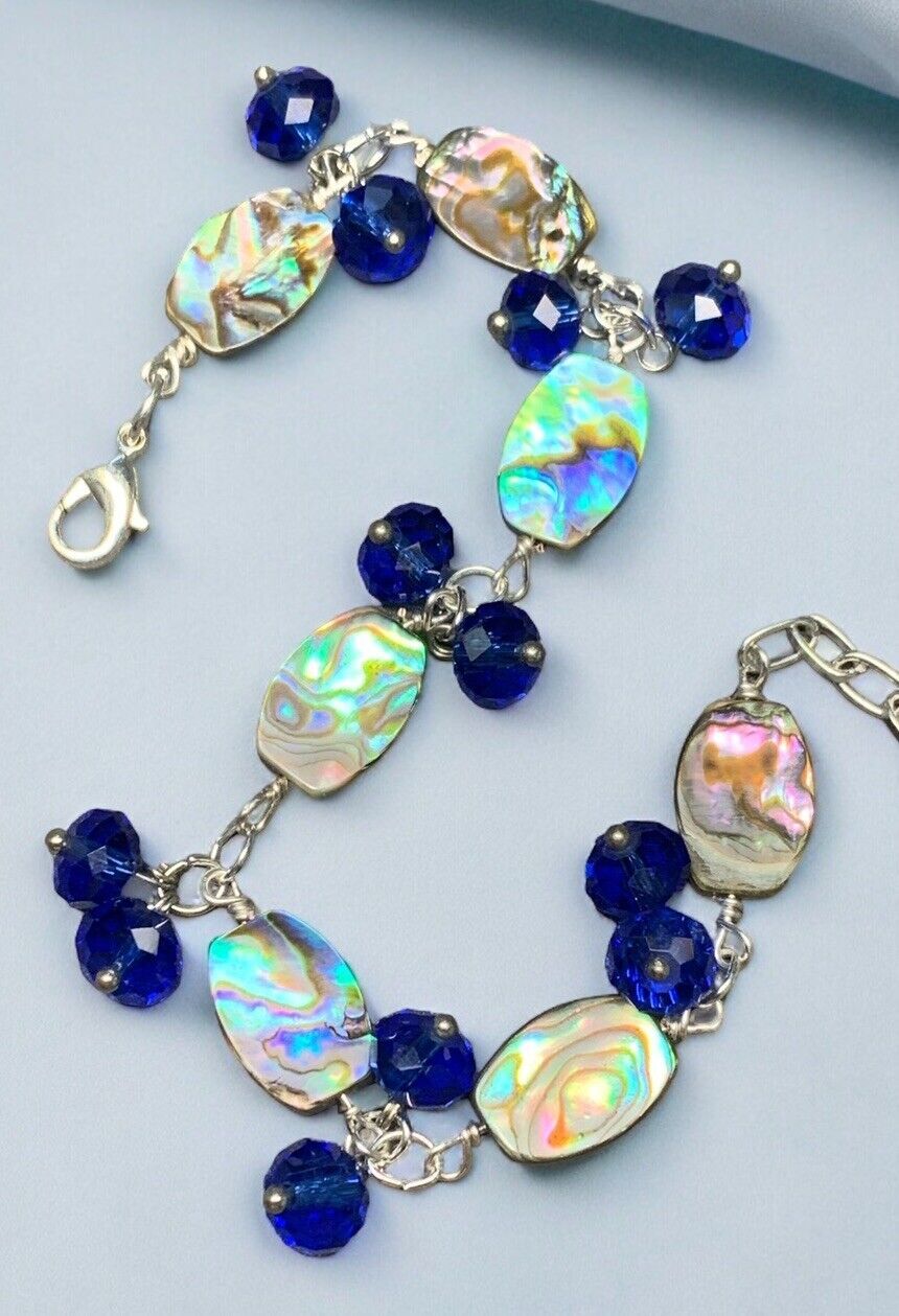 Vintage Beach Ocean Theme Abalone Shell Blue Crystal Bracelet 7.5”-9”