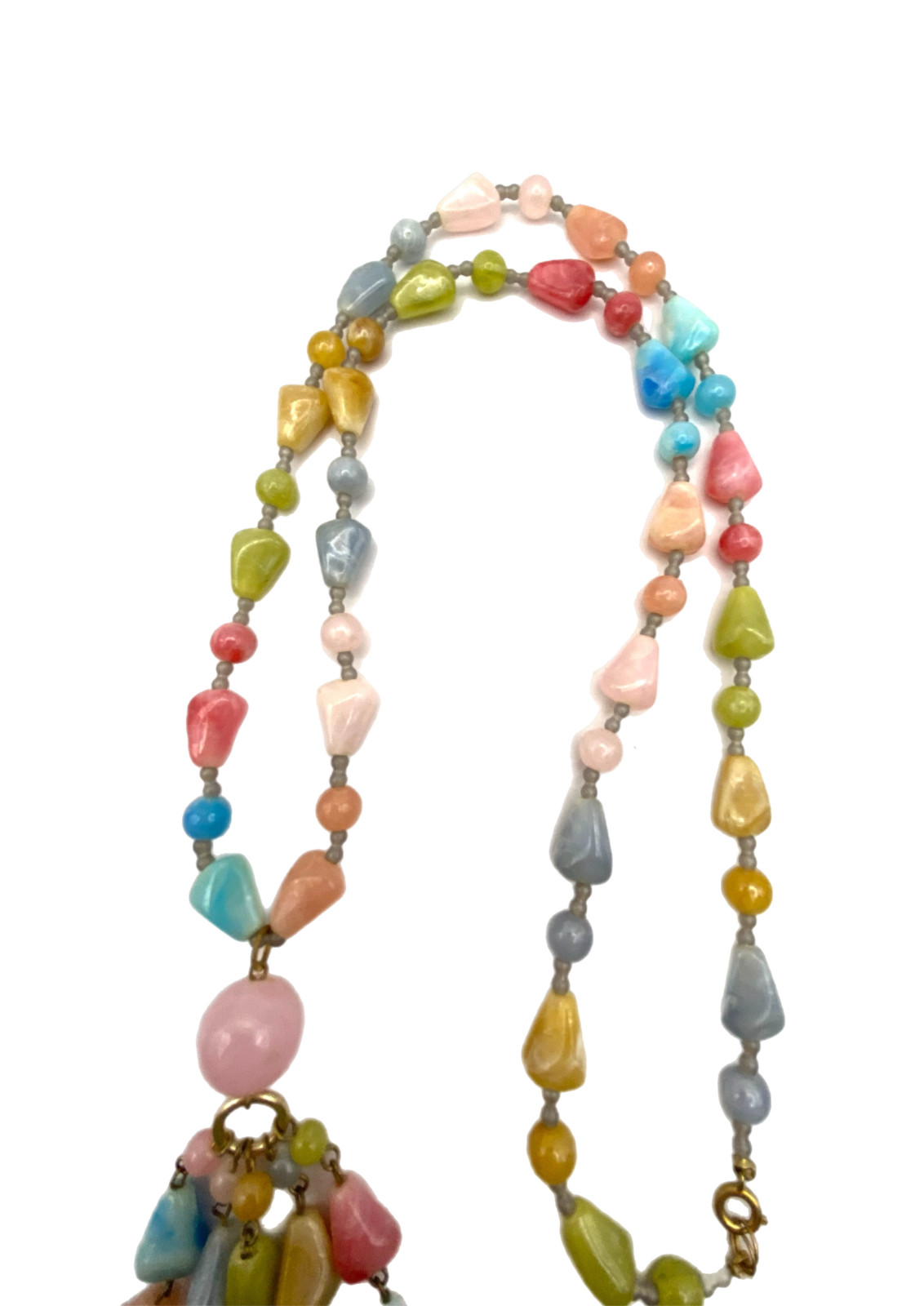 Vintage Chunky Pastel Multi-Color Beaded Tassel Pendant Necklace Plastic 30″