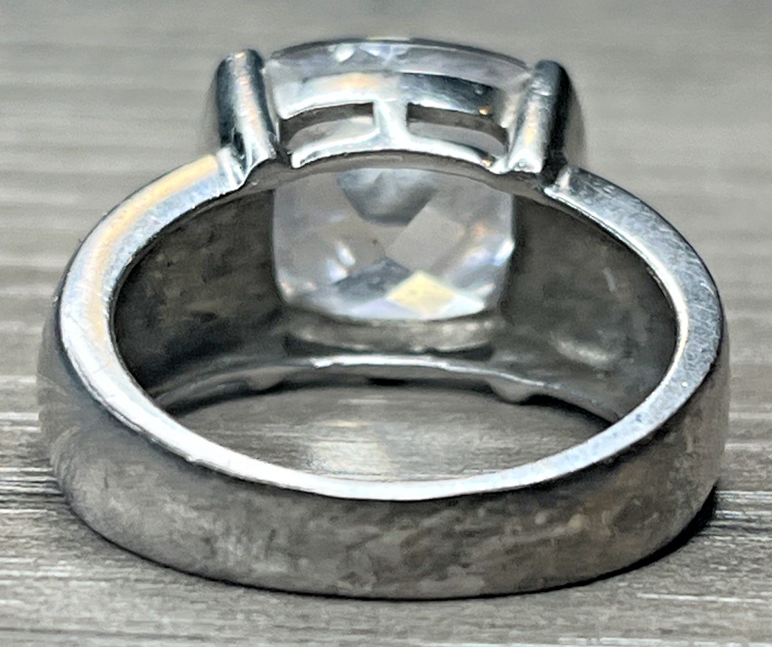 Big Large Clear CZ Cushion Cut Solitaire Vintage CI Sterling 925 Wide Ring SZ 8
