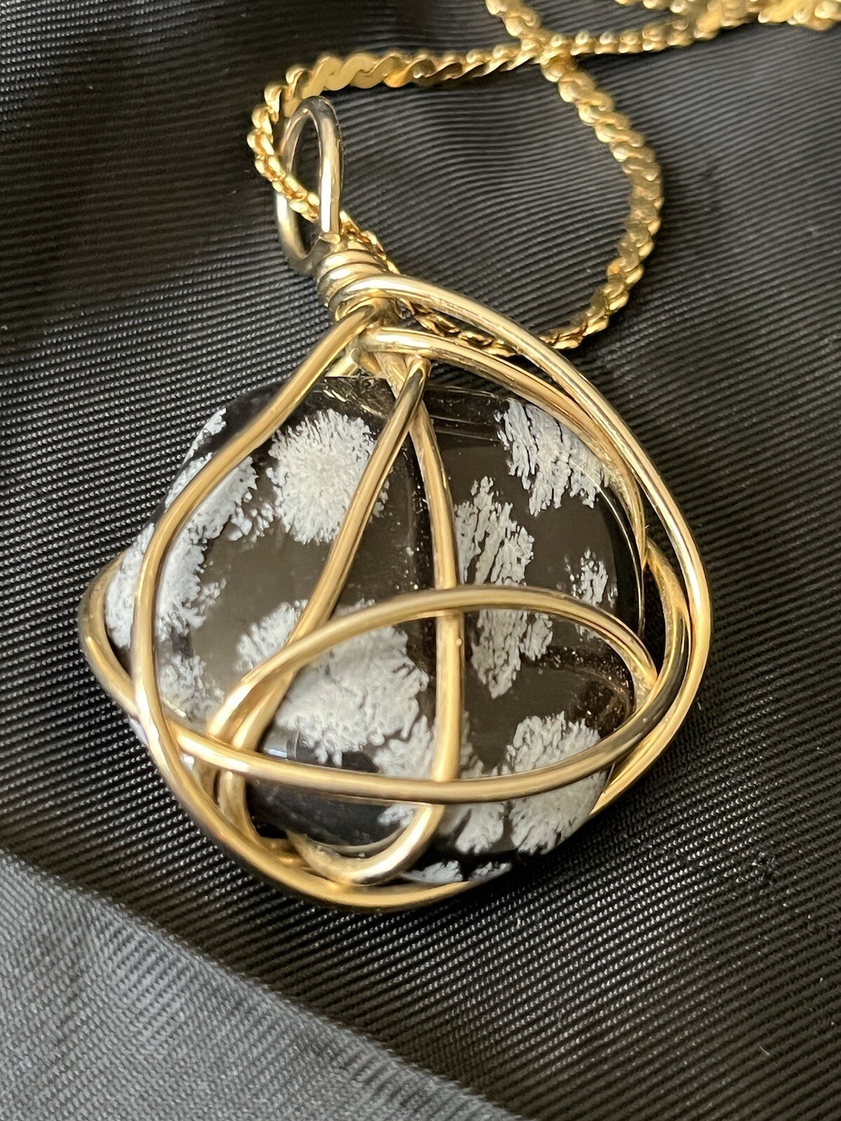 Vintage Polished Snowflake Obsidian Pendant Necklace Wire Wrapped Obsidian Stone