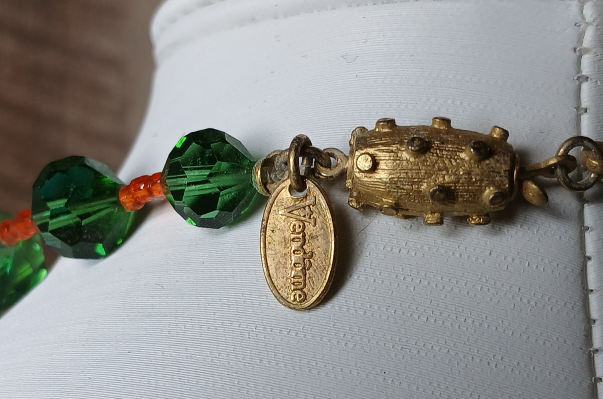 Vendome Green Orange Spiral Striped Bicone Cyrstal Bead Necklace RARE Vintage