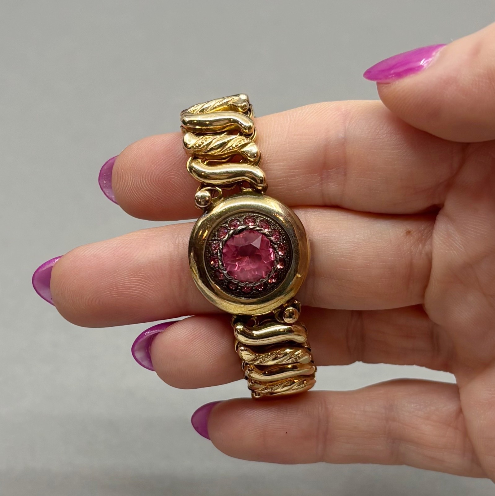 Carmen Gold Filled Sweetheart Bracelet Pink Rhinestones Retro DFB Co USA