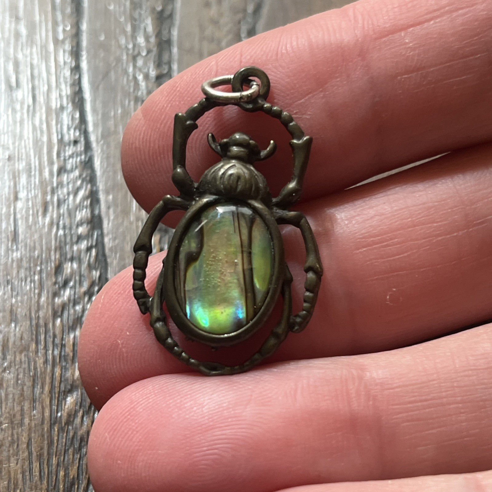 Vtg Spider Beetle Bug Pendant Pendant Charm Abalone Egyptian Scarab Gothic 1.5″