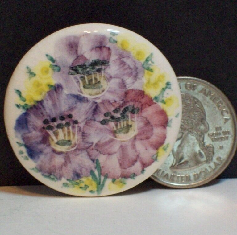 Vintage Purple Flowers Poppy Pin Hand Painted Ceramic Floral Brooch Handmade
