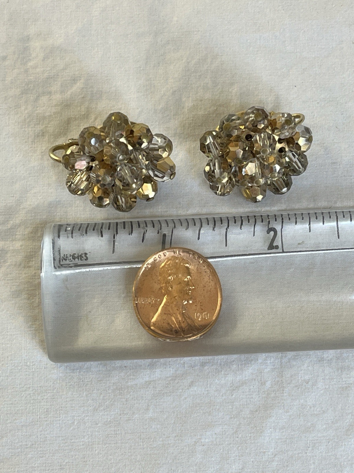 Silver Gold AB Beaded Necklace and Clip On Earrings Set Three Strand Necklace