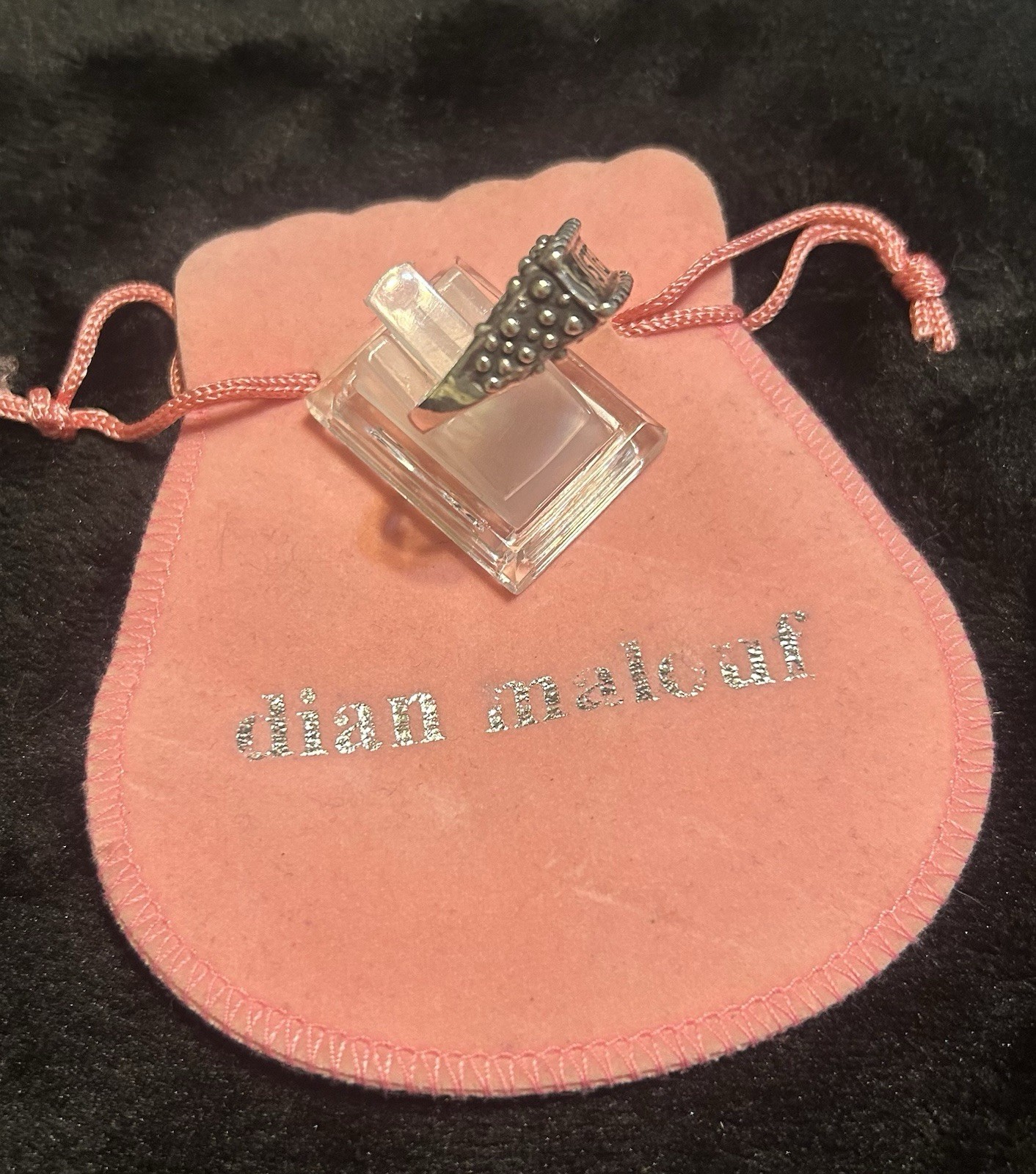 Vintage Dian Malouf “SISTER” Sterling Silver Ring Sz 10 With Original Pouch Bag