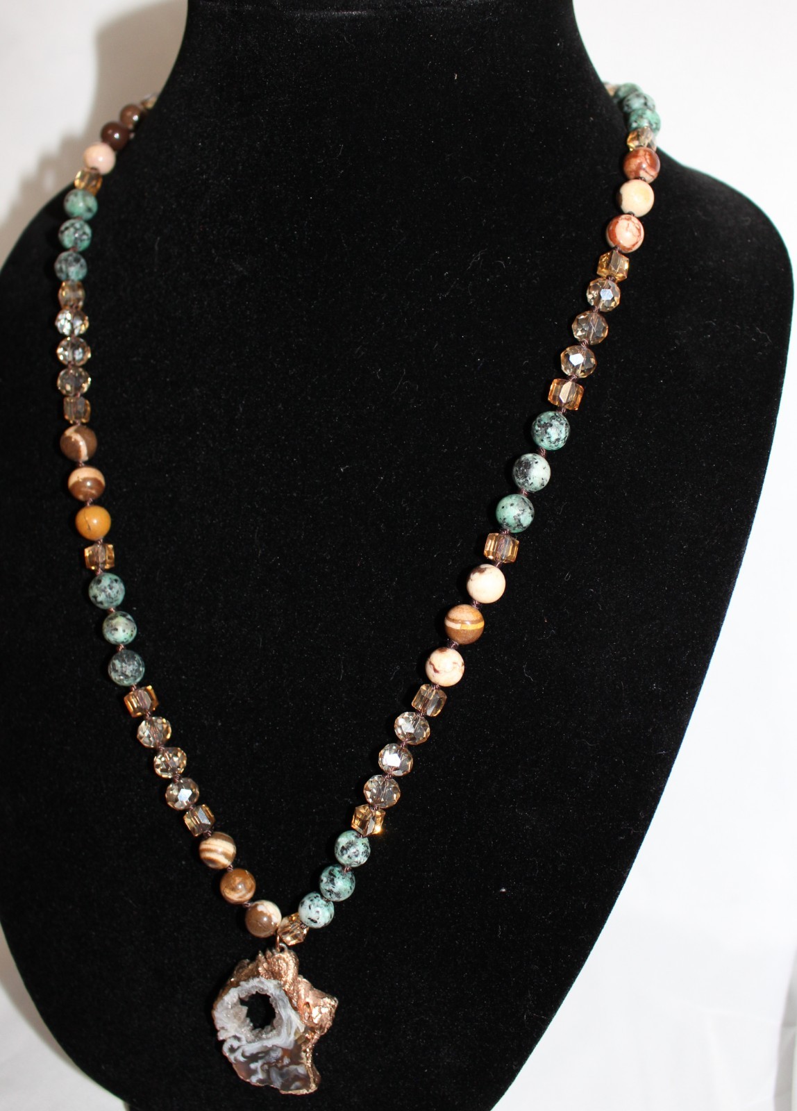 Estate Vintage Boho Necklace Crystal Druzy Brown Natural Stone Earthy Colors