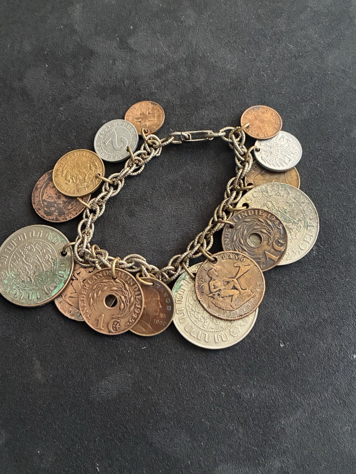 Vintage Coin Charm Bracelet, With Dangling Different Coins From The 1940’s
