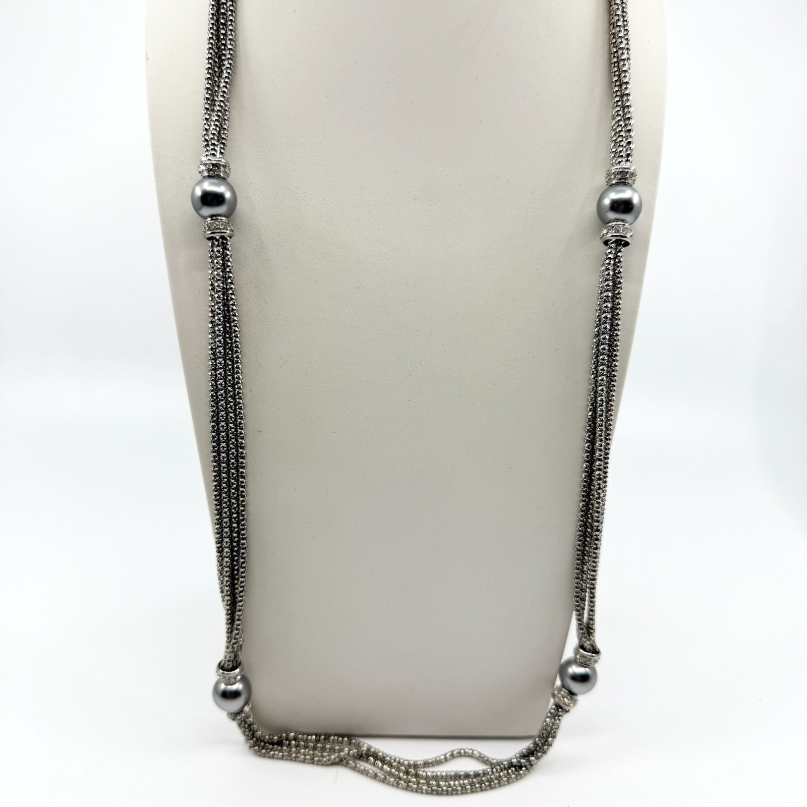 VTG Silver Tone Multi Strand Popcorn Chain Necklace Round Ball Bead Rhinestone