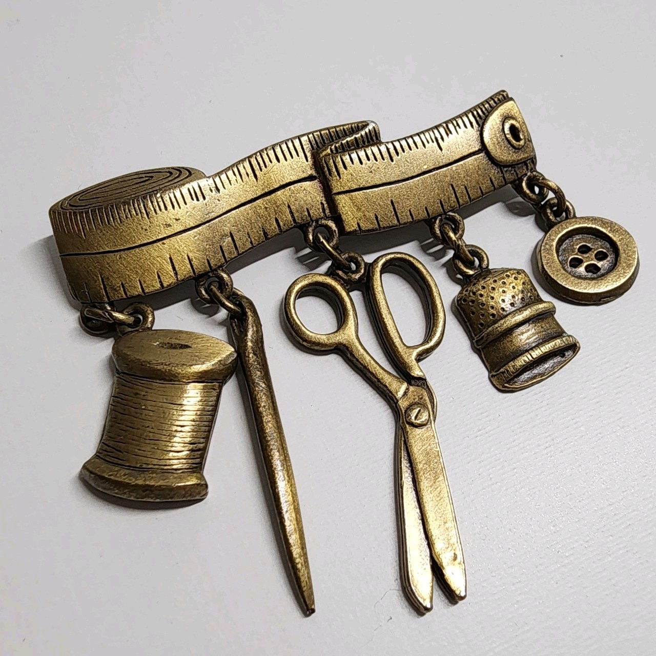 Vintage JJ Jonette Sewing Brooch Thimble Scissors Tape Measure Gold Tone