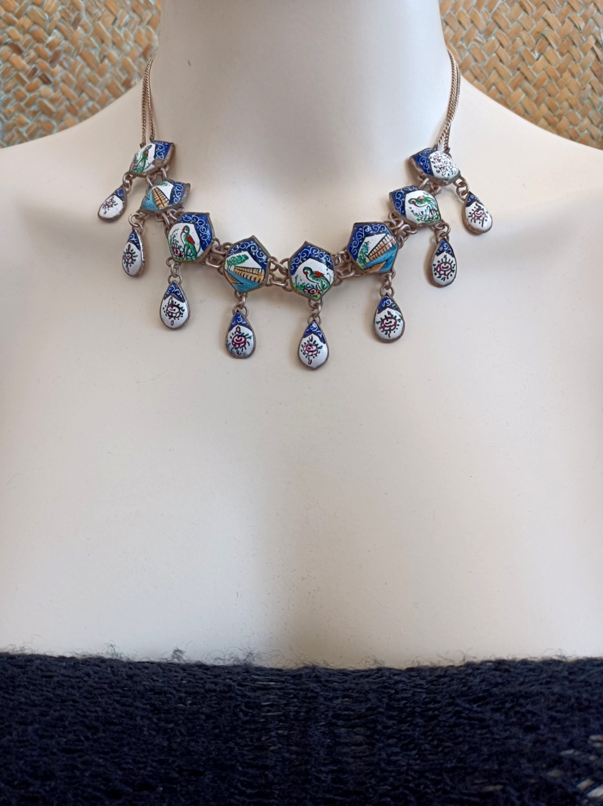 Boho Folk Art Middle Eastern Enamel Chandelier Necklace Blue Birds Landscape VTG