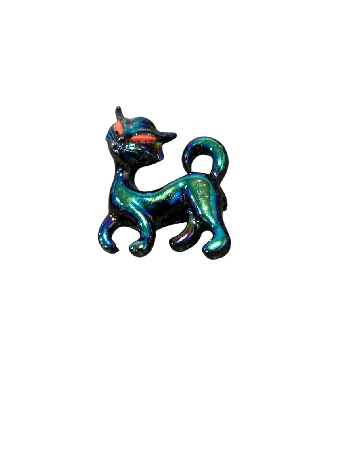 Vintage Iridescent Lusterware Cat Scatter Brooch Pin Red Eyes Oil Slick