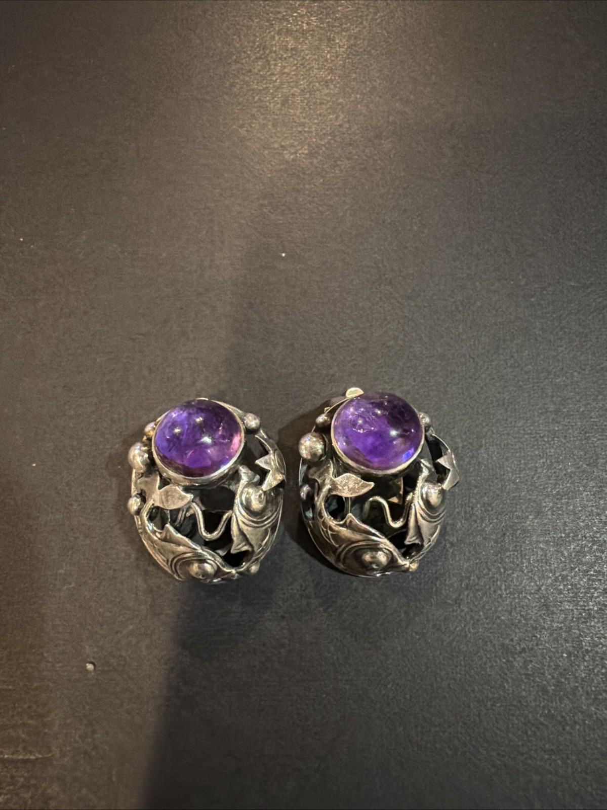 Vintage Rare N.E From Denmark Sterling Silver Amethyst Clip On Earrings