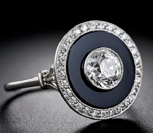 2.59Ct Art Deco Style Lab-Created Diamond & Onyx Engagement 925 Silver Ring