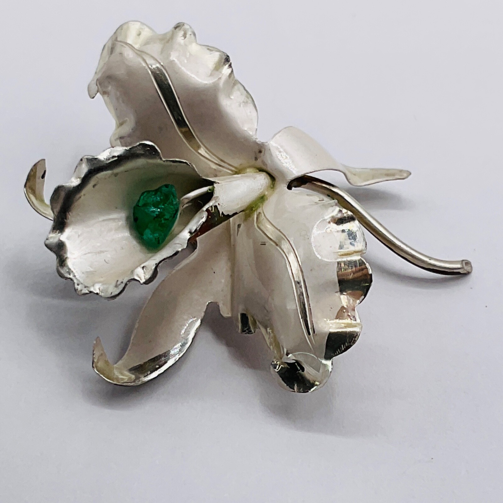 VTG Brooch Pin Orchid Flower Floral 900 Silver May Birthstone Raw Emerald Jewel