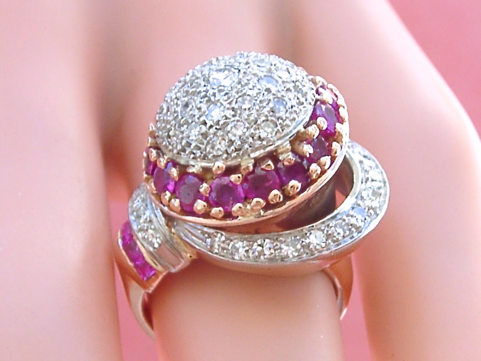 VINTAGE RETRO 1.38ctw DIAMOND 1.23ctw RUBY ATOMIC SPACE COCKTAIL PINKY RING 1940
