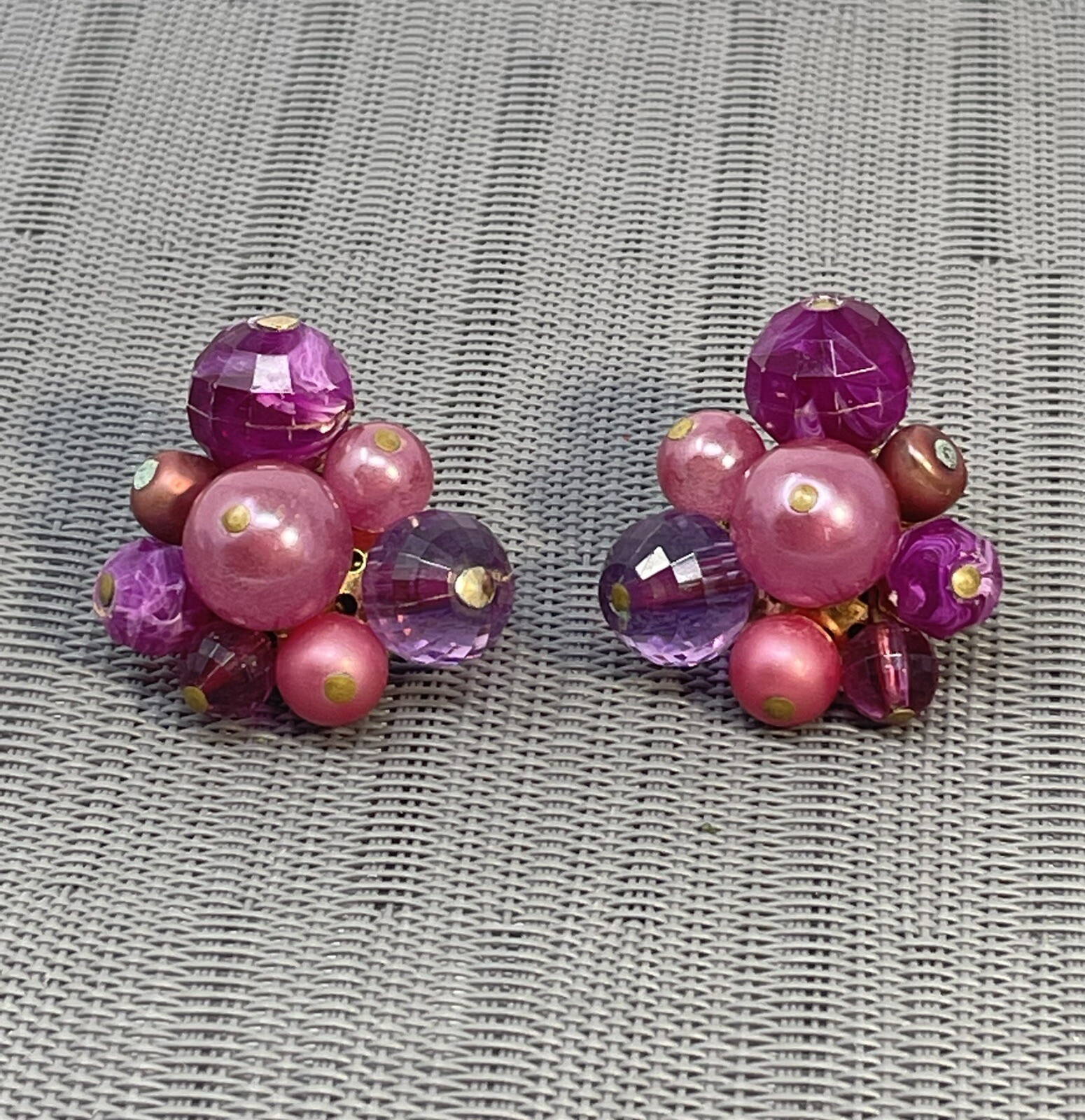 Vintage Zentall Purple Bead Cluster Clip On Earrings Faceted Crystal Faux Pearl
