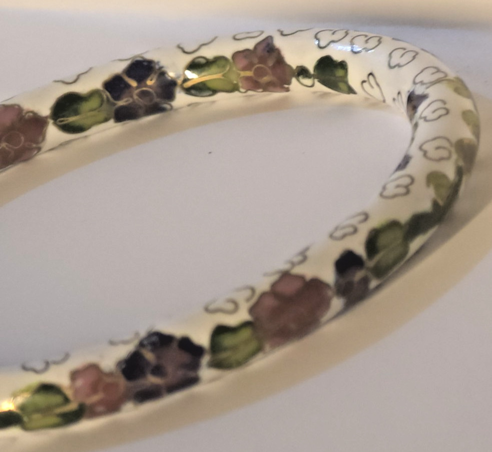 Vintage white Cloisonne bangle bracelet purple red green flower 8″