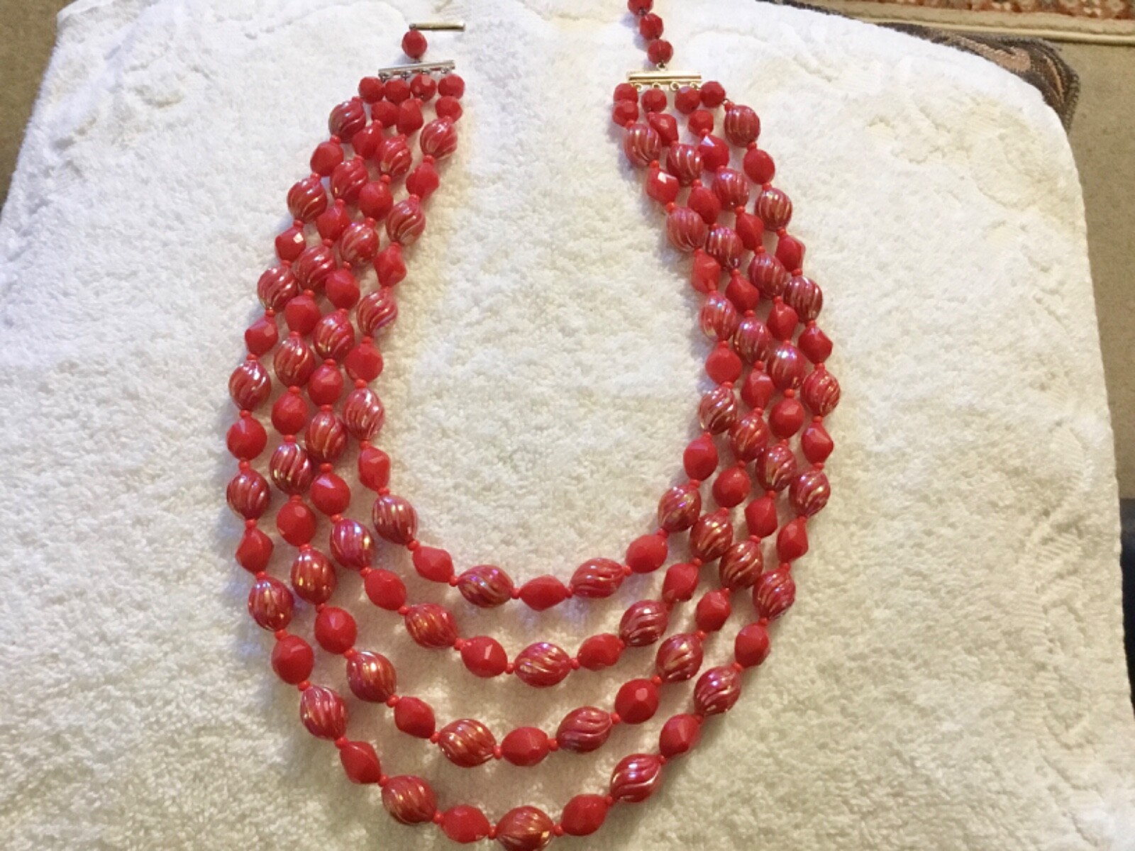 Vintage Western Germany Red/Red Iridescent 4 Stranded Beaded Necklace