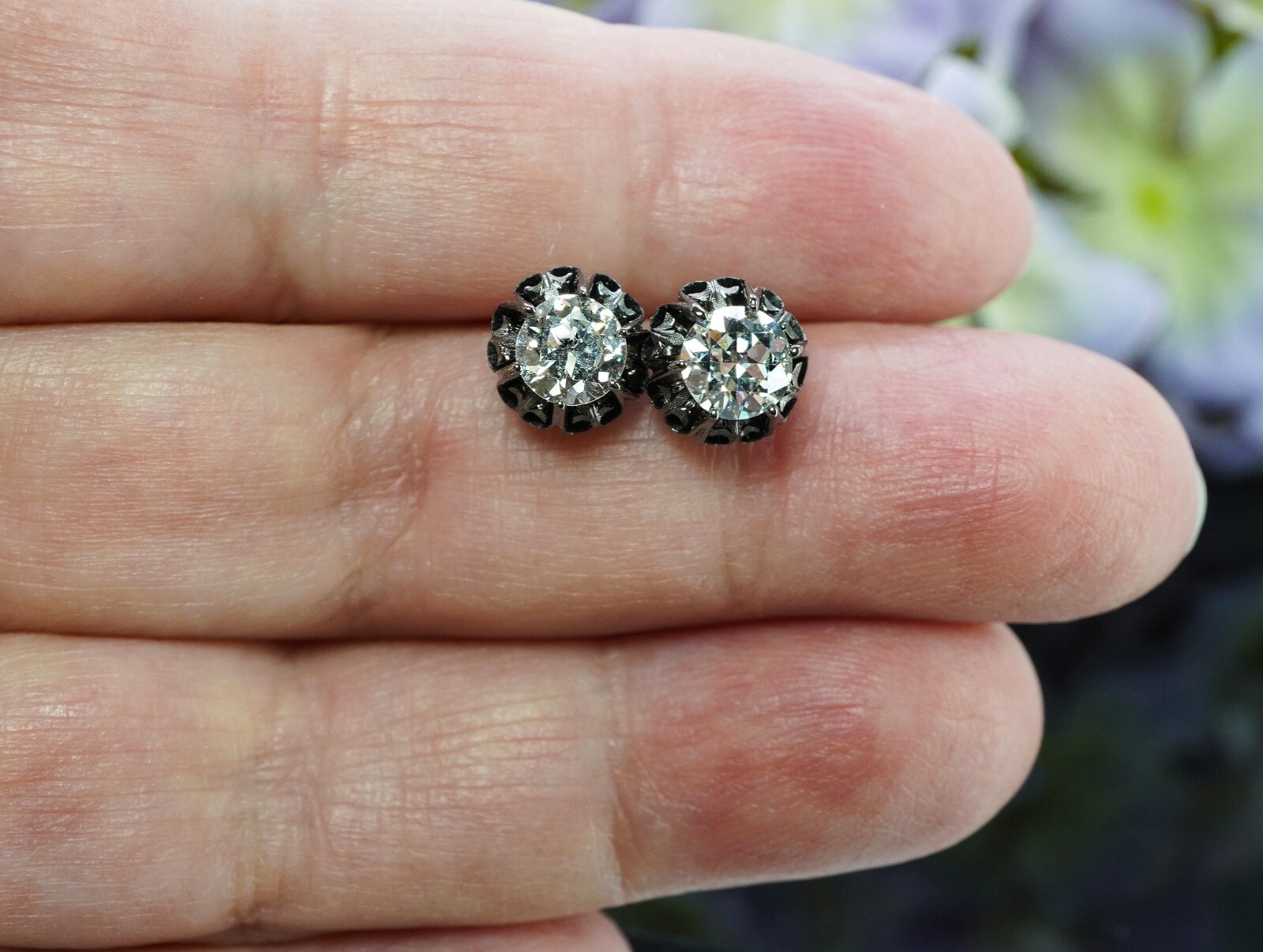 Antique Old European cut Diamond Stud Solitaire Earrings 14K Gold 1.1ct