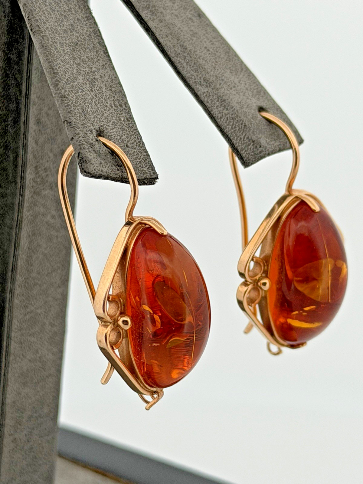 Vintage Russia 14K 585 Rose Pink Gold Honey Amber Earrings And Ring Set