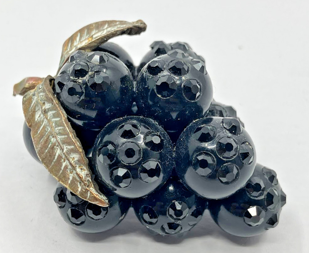 Vintage Forbidden Fruit Brooch Black Grape Cluster Lucite Rhinestones Pin