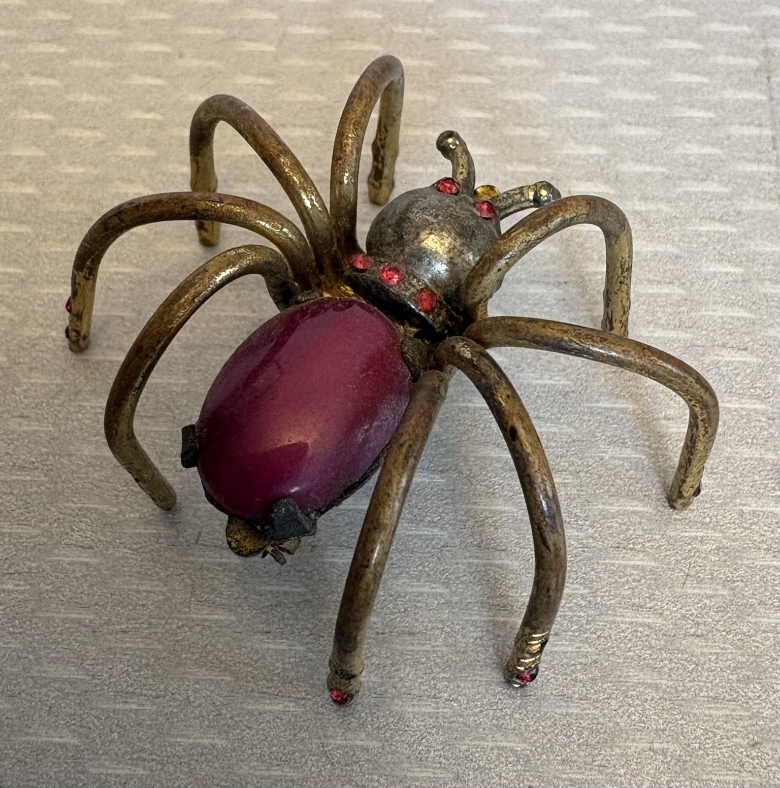 Art Deco Antique Spider Brooch Insect Bug Jewelry Red Plastic Rhinestones READ