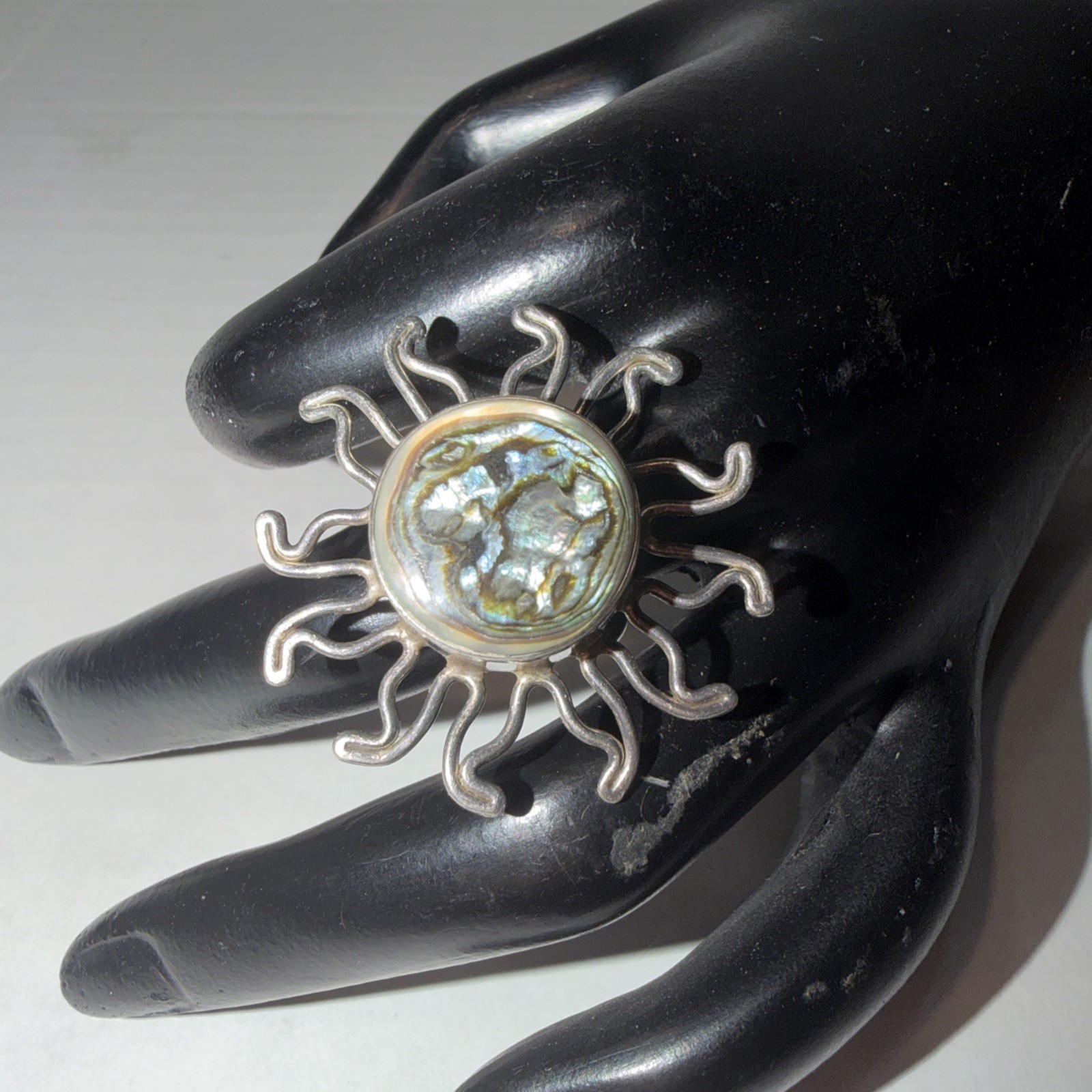 Vintage 925 Silver MEX Sun Moon Abalone Ring Adjustable