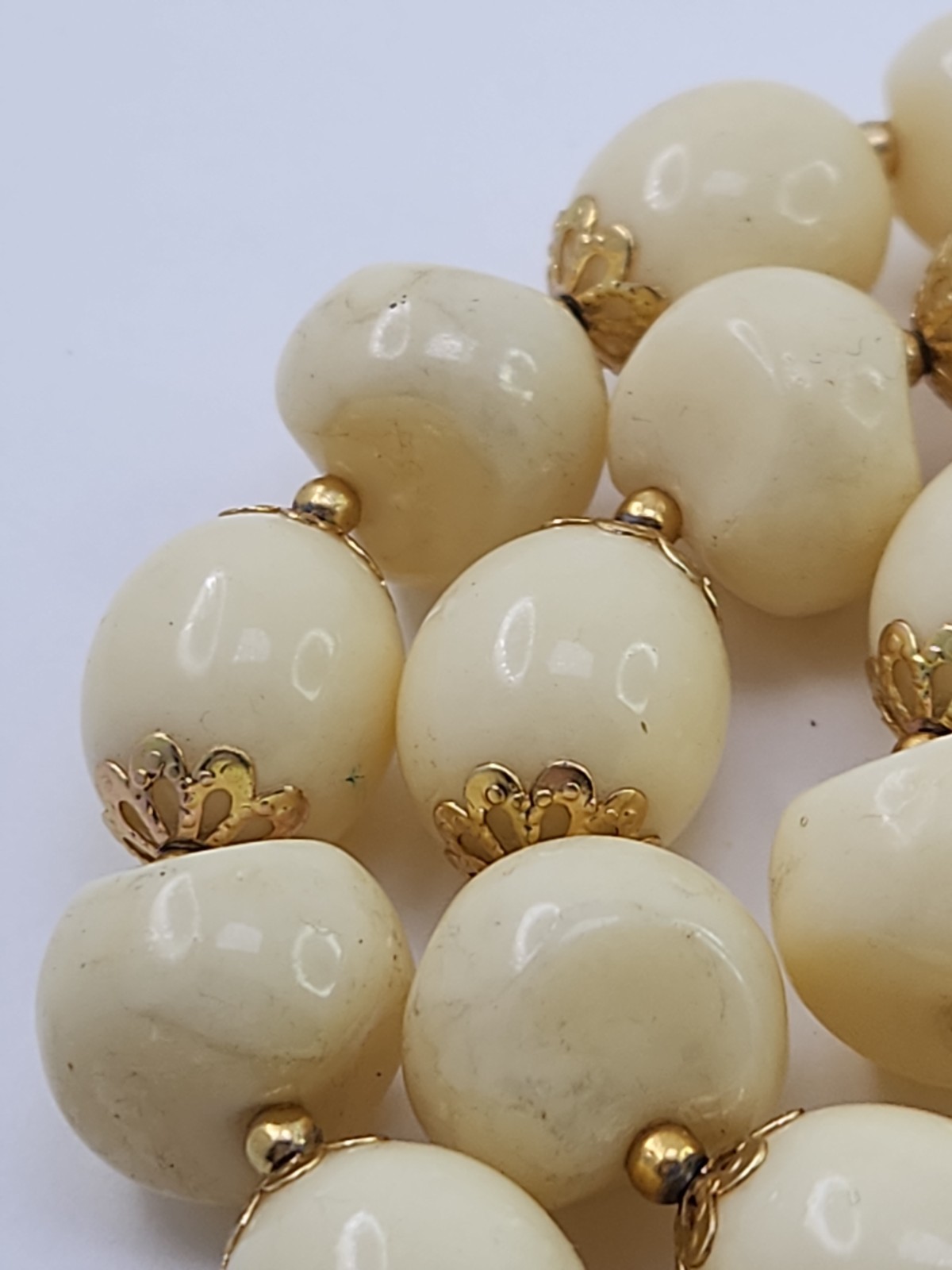 3 Strand Ivory and Gold Acrylic Bead Necklace Clip Earrings Set 1950s Hong Kong