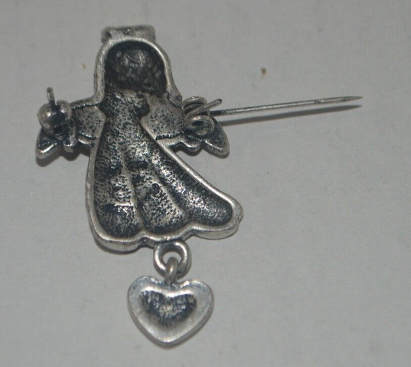 Vintage Angel Pin with Dangle Heart Safety Clasp Lapel Pin
