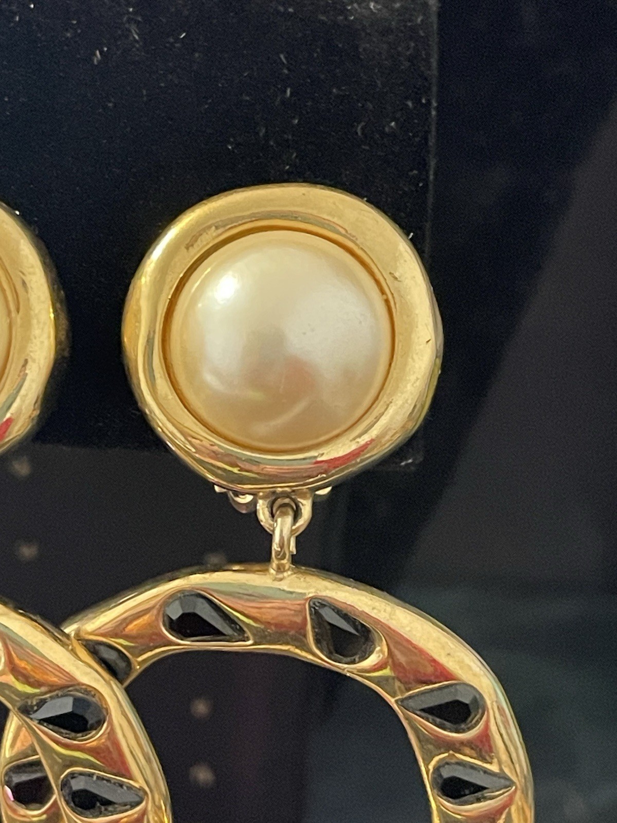 Givenchy Vintage Hoops Earrings Gold Pearl Drop Dangle Black ‘Onyx” Clip Ons