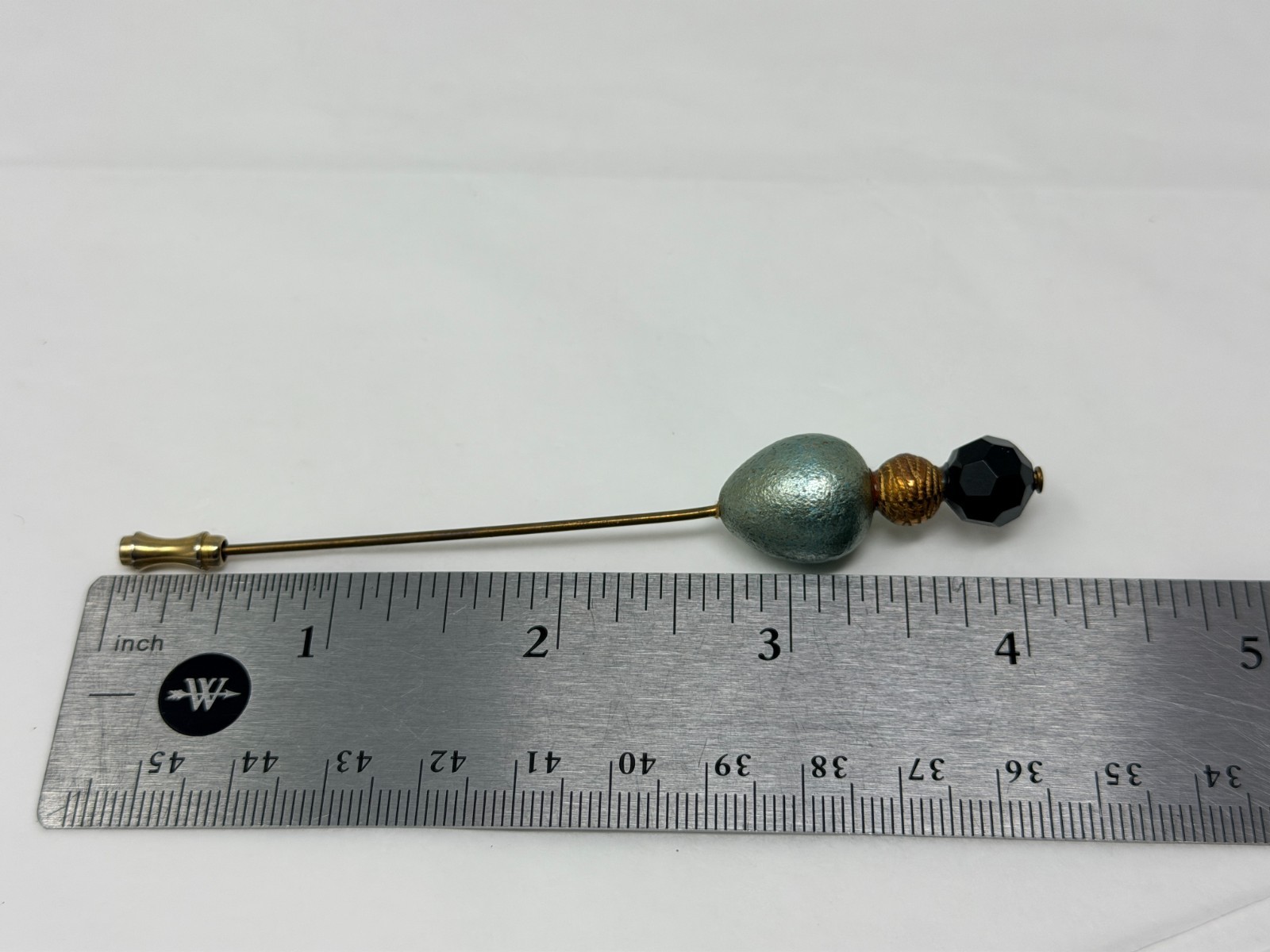 Vintage Gold Tone Light Teal Blue and Black Beaded 4-1/8” Long Hat Stick Pin