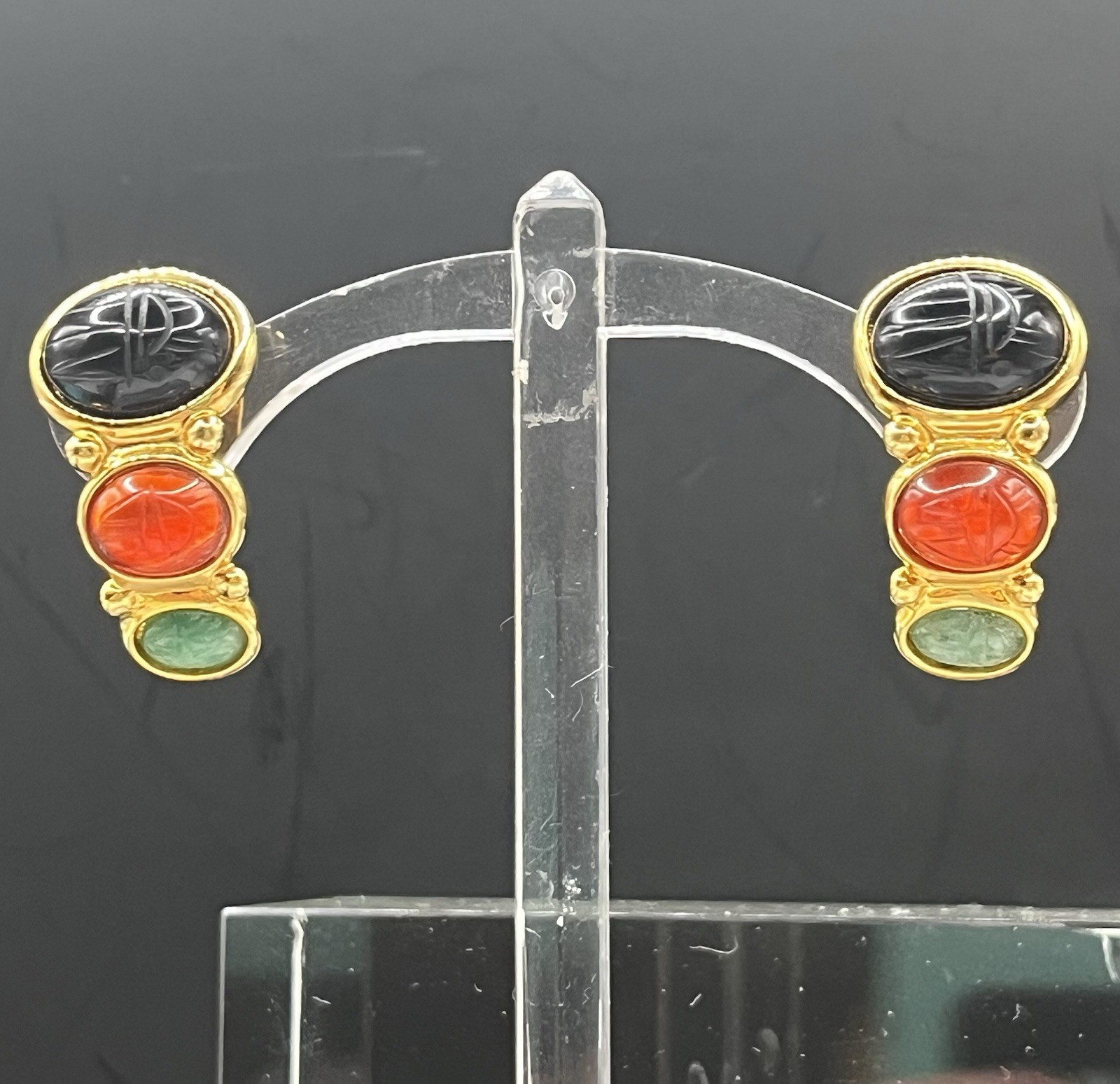 Egyptian Style Carved Scarab Weingeroff Glass/stone Half Hoop Drop Earrings