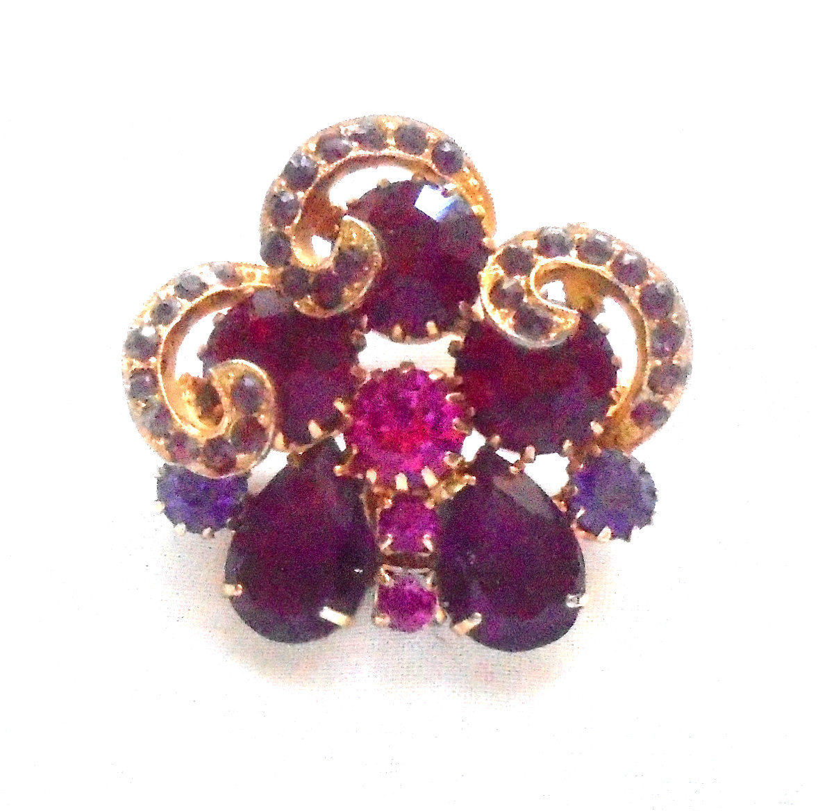 Vintage Purple Fuchsia Red Rhinestone Flower & Swirl Gold Tone Pin Brooch As-Is