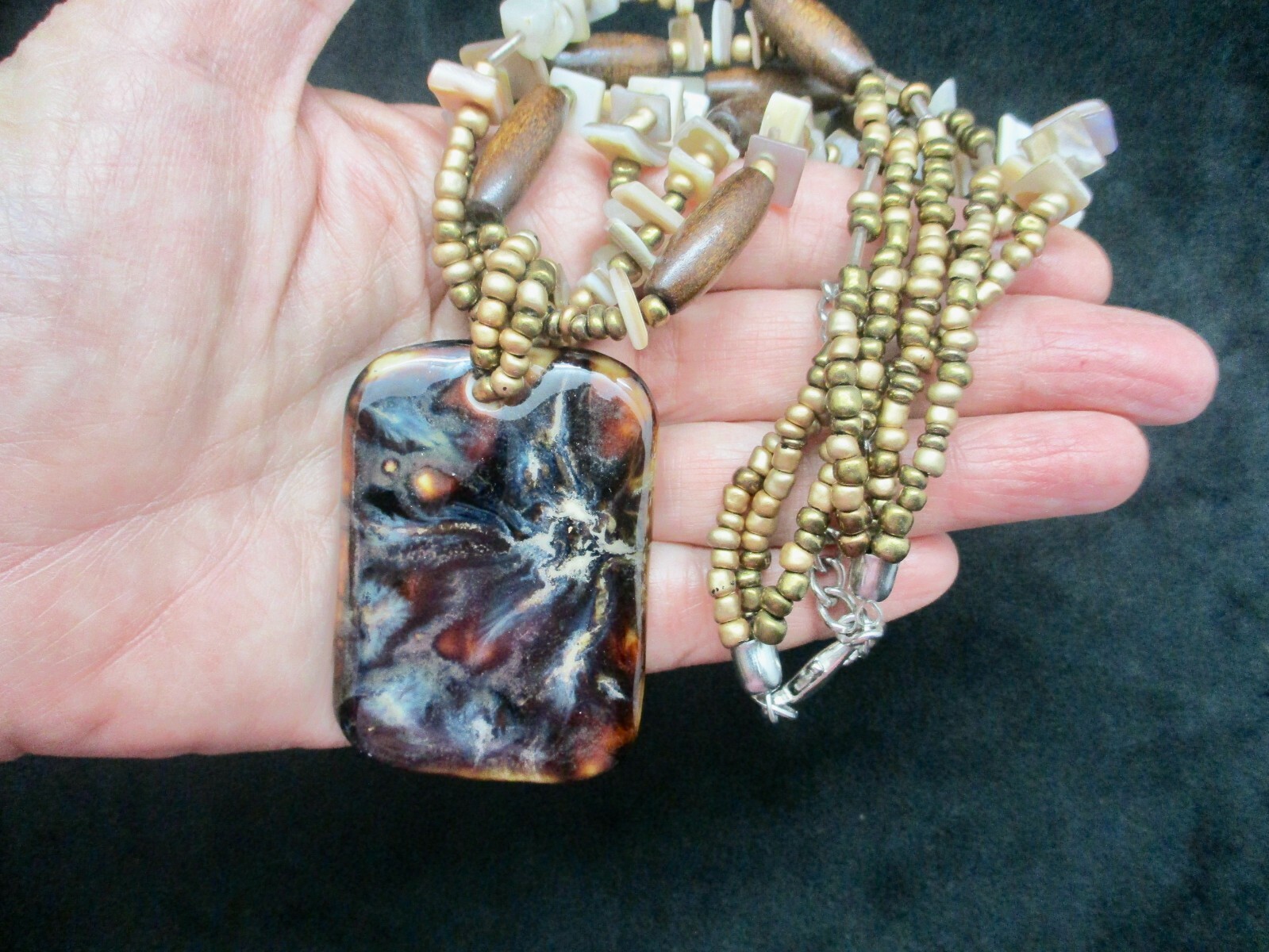 Vintage Bronze Tone Ceramic Statement Necklace w/Shells and Beads Adjustable