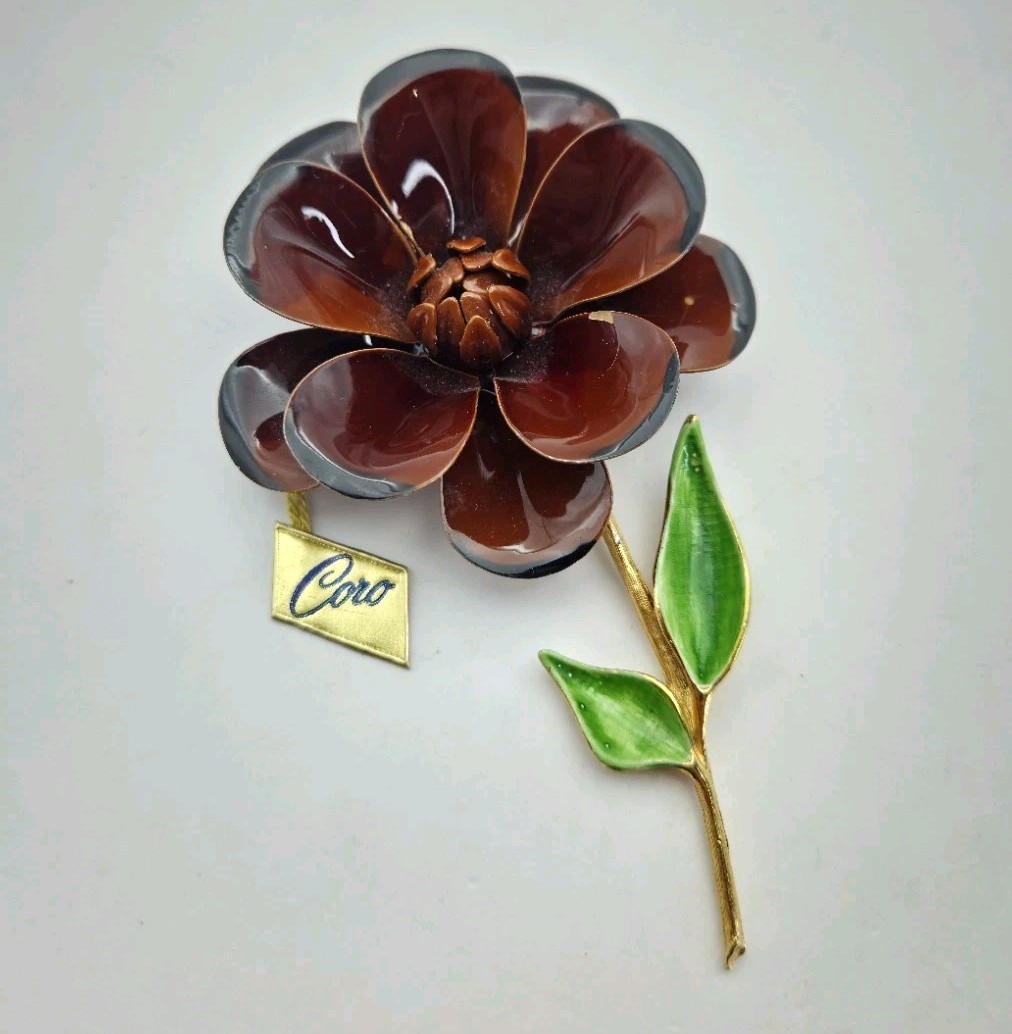 Coro Enamel Flower Brooch Brown Stem Mid Mod Pin 4″ 60s Style Floral Vintage