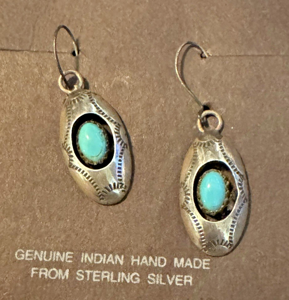 Vintage NOS Navajo Turquoise Shadowbox Dangle Earrings 925 Silver Signed BB