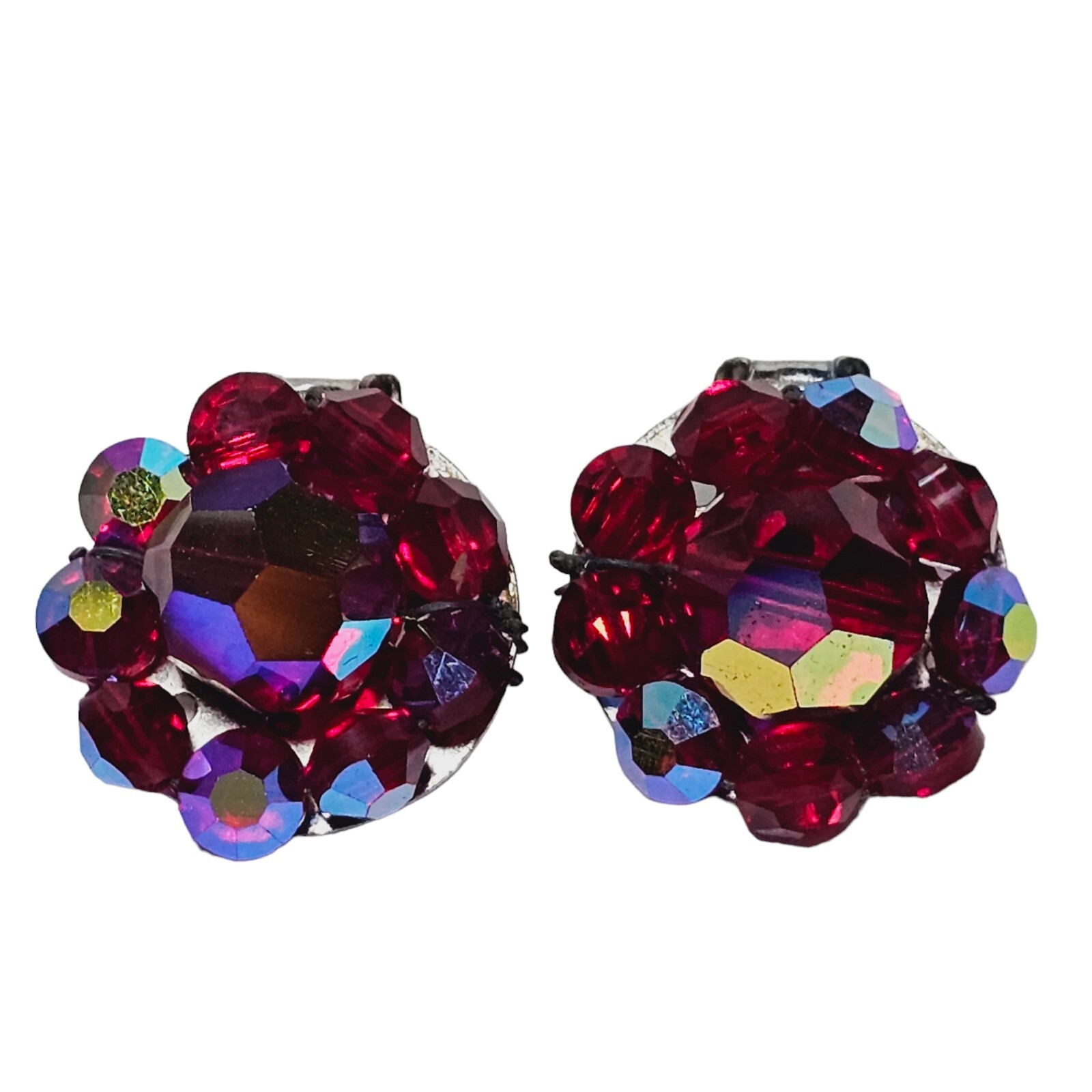 2 Pairs Vtg Aurora Borealis Iridescent Crystal Bead Cluster Clip Earrings 1 Red