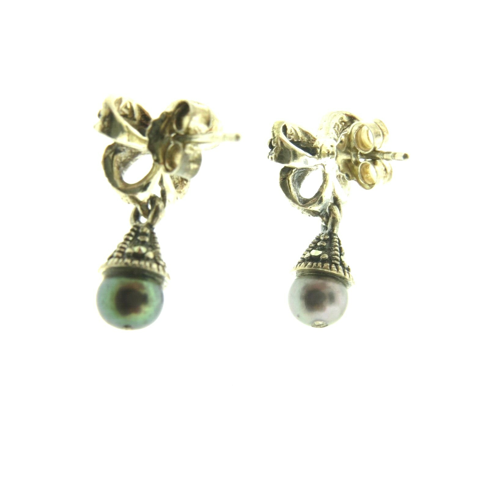 Vintage Sterling Silver Pearl & Marcasite Dangle Earrings .75″