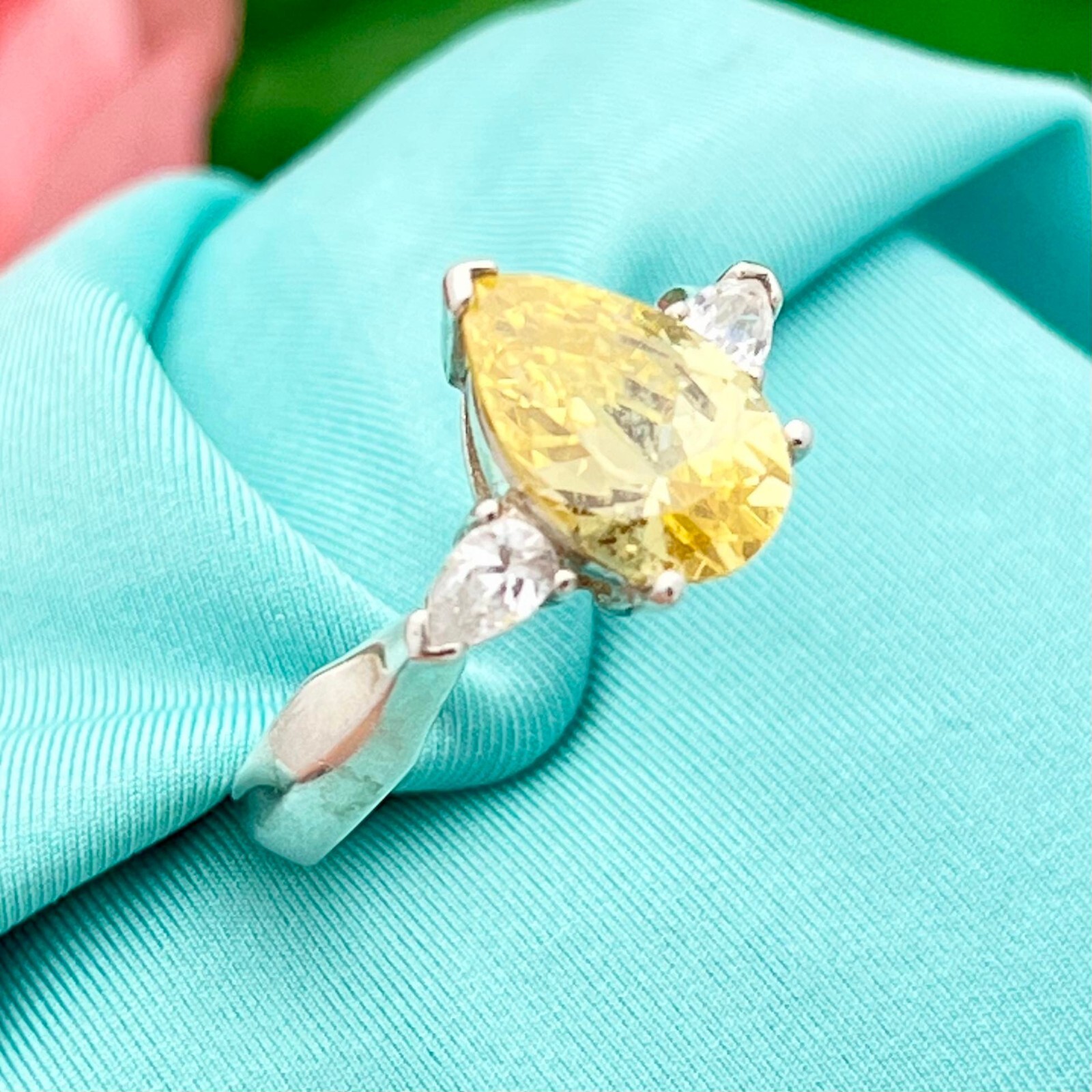 Sterling Silver 3 Carat Teardrop Yellow Citrine & Cubic Zirconia Ring-Vintage