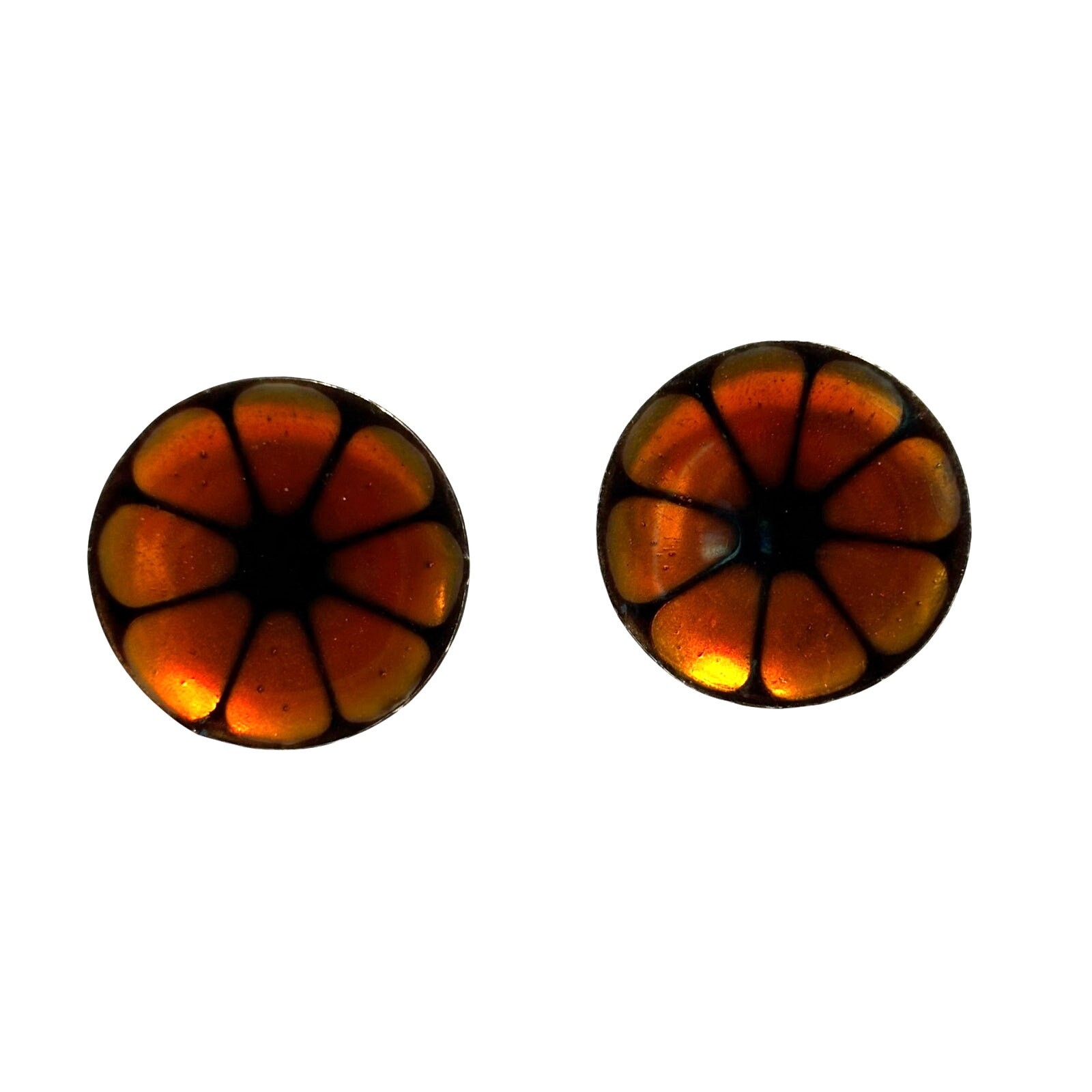 Vintage screwback earrings enamel finish on silvertone unique Boho orange black