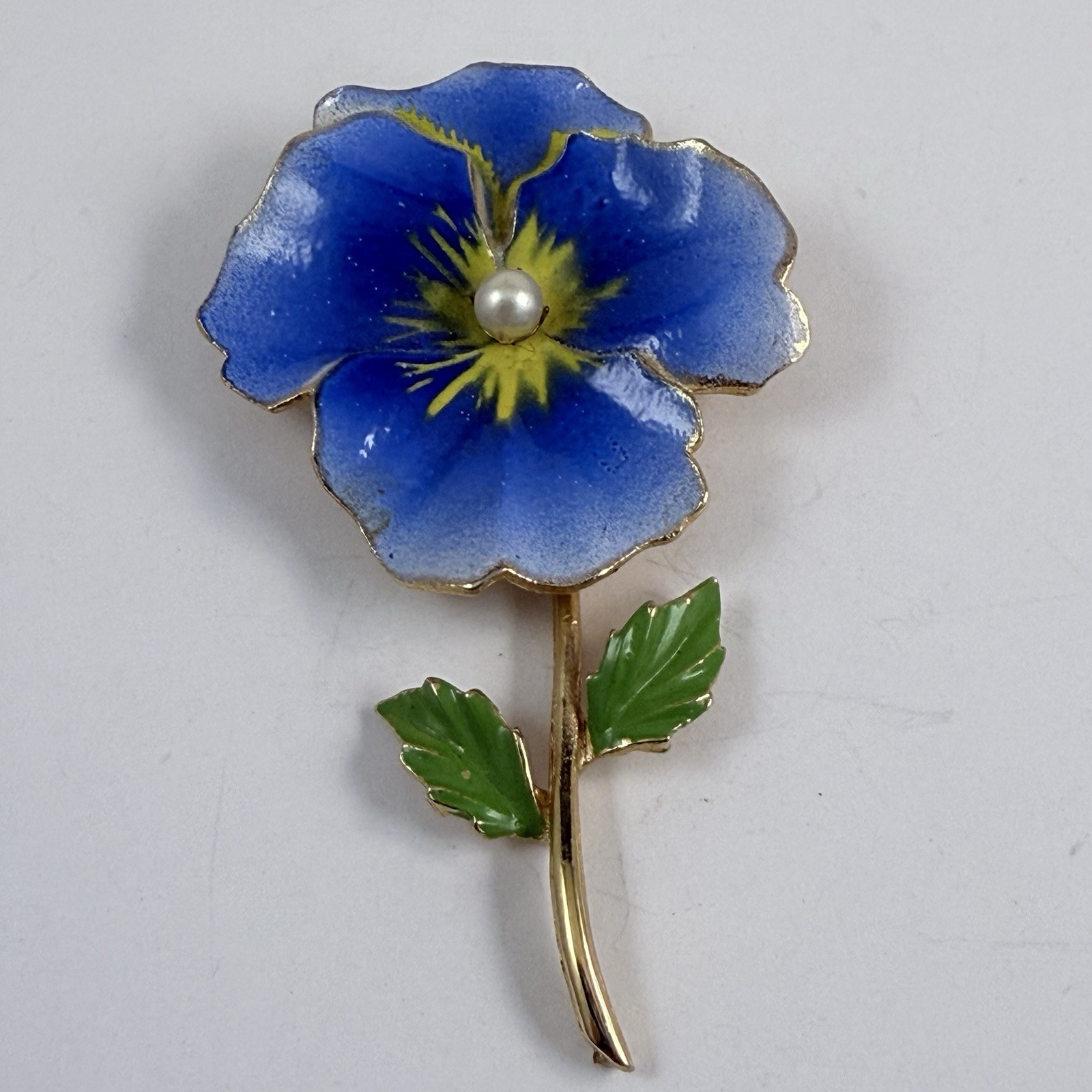 Vintage Blue & Yellow Enameled Faux Pearl Pansy Flower Brooch Gold Tone