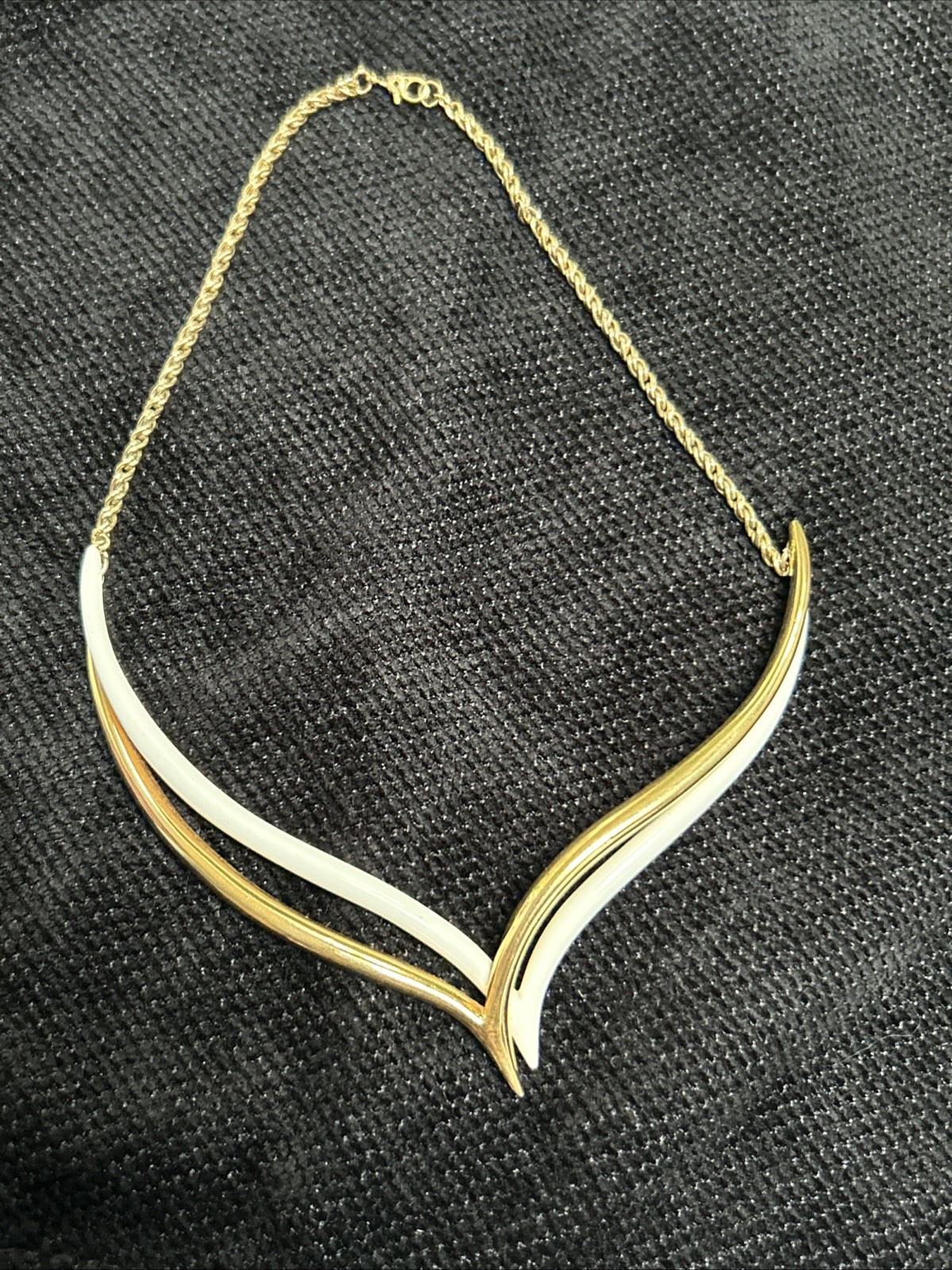 Vintage Monet Double V Neck Swirl Choker Necklace Two Tone Gold Off White Signed