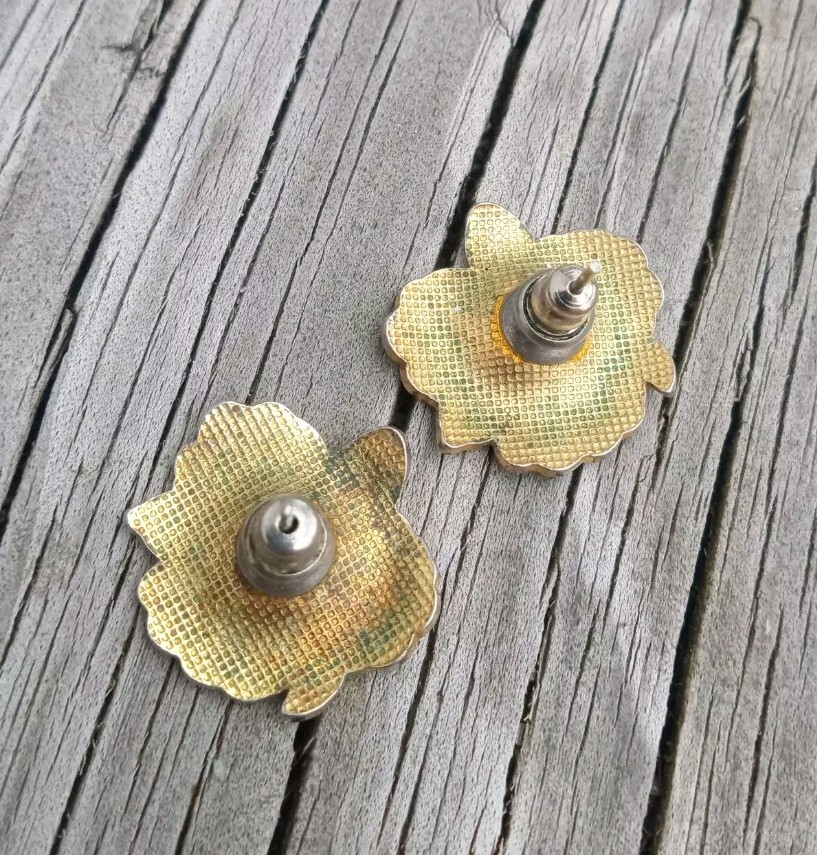 Vtg Orchid Cloissonne Earrings Green Blue & Violet Enameled Floral Design