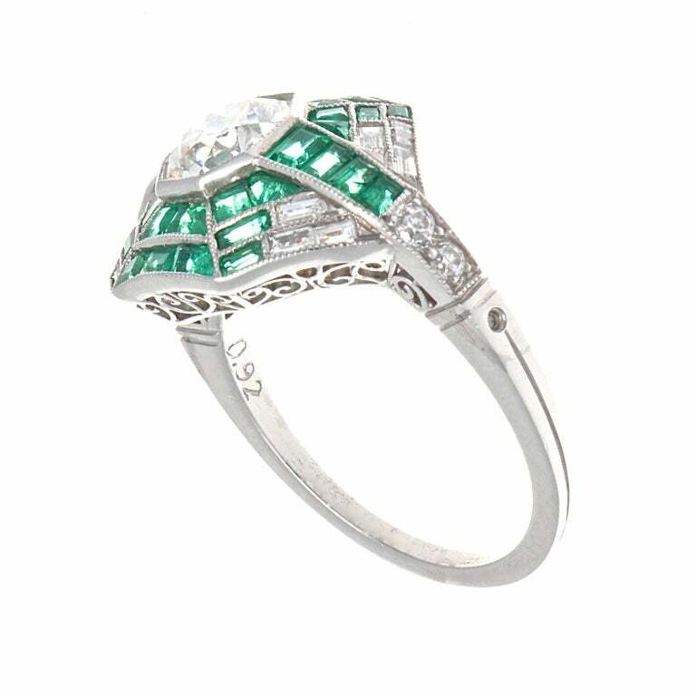 Featuring a 0.96CT Old European Cut CZ With Vivid Green Emerald 1.86CT Deco Ring