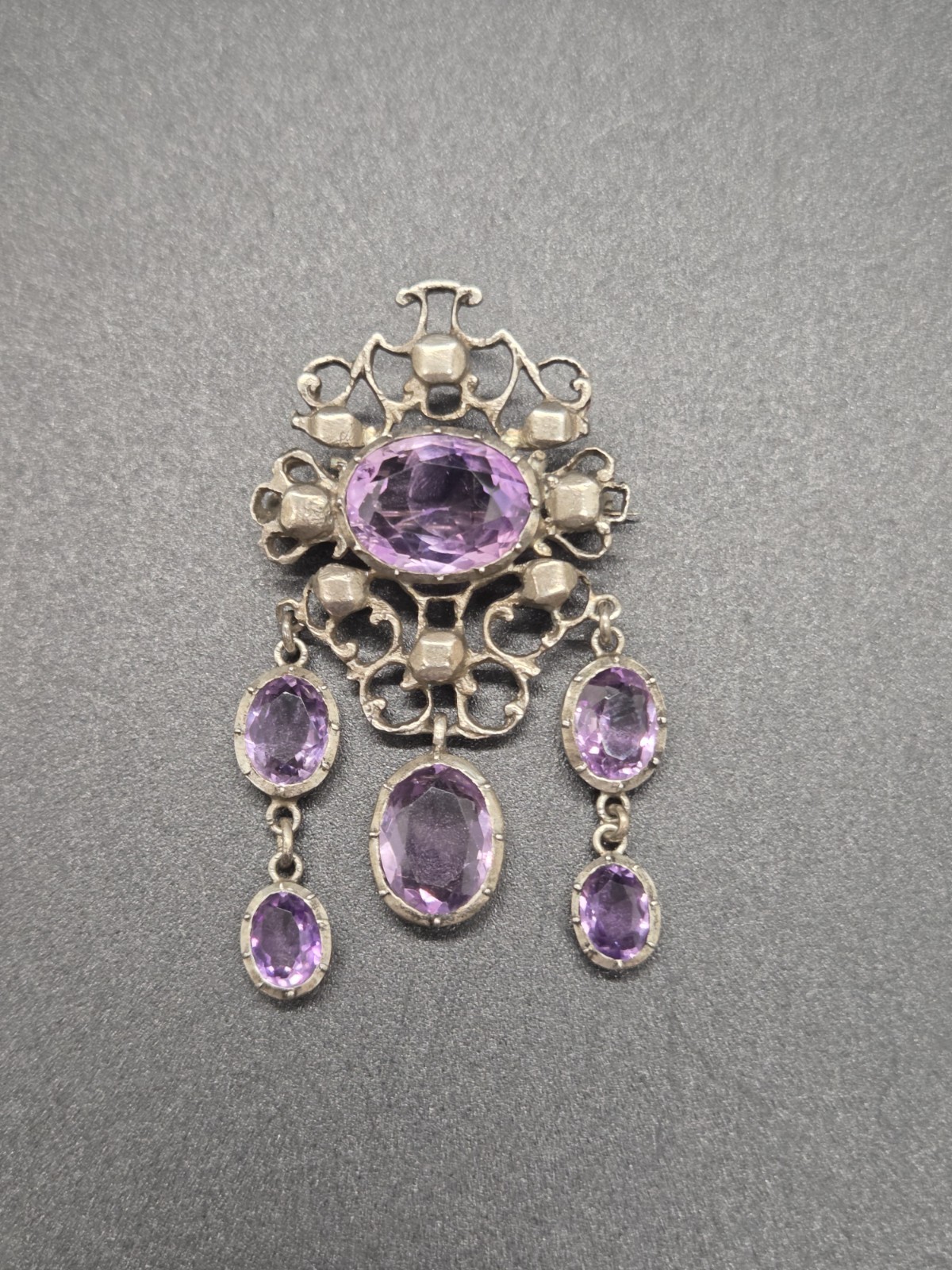 Antique Victorian Sterling Silver Purple Amethyst Dangle Brooch Festoon Pin OOAK