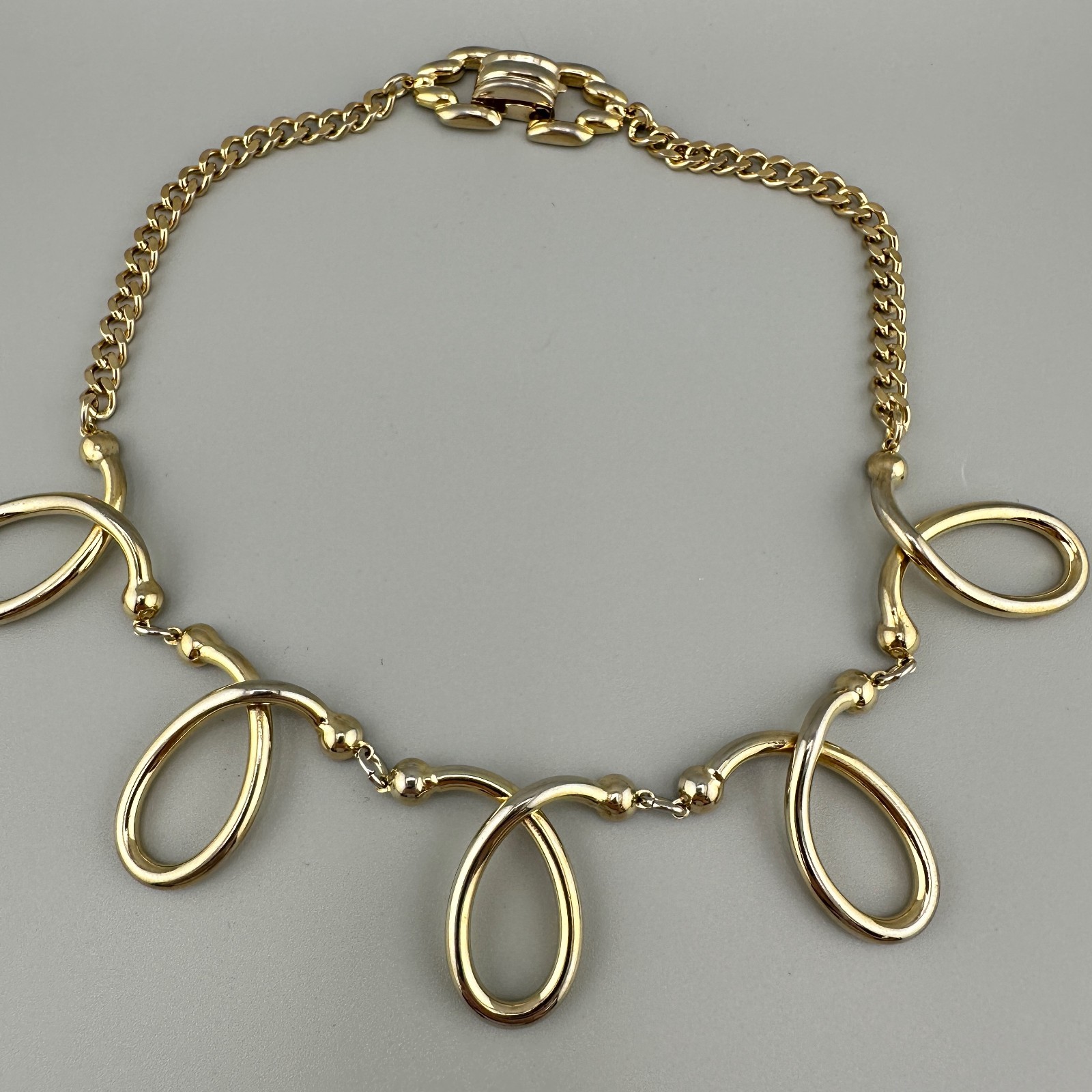 Vintage Chunky Statement Necklace Gold Tone Open Oval Link Retro Collar 1980s