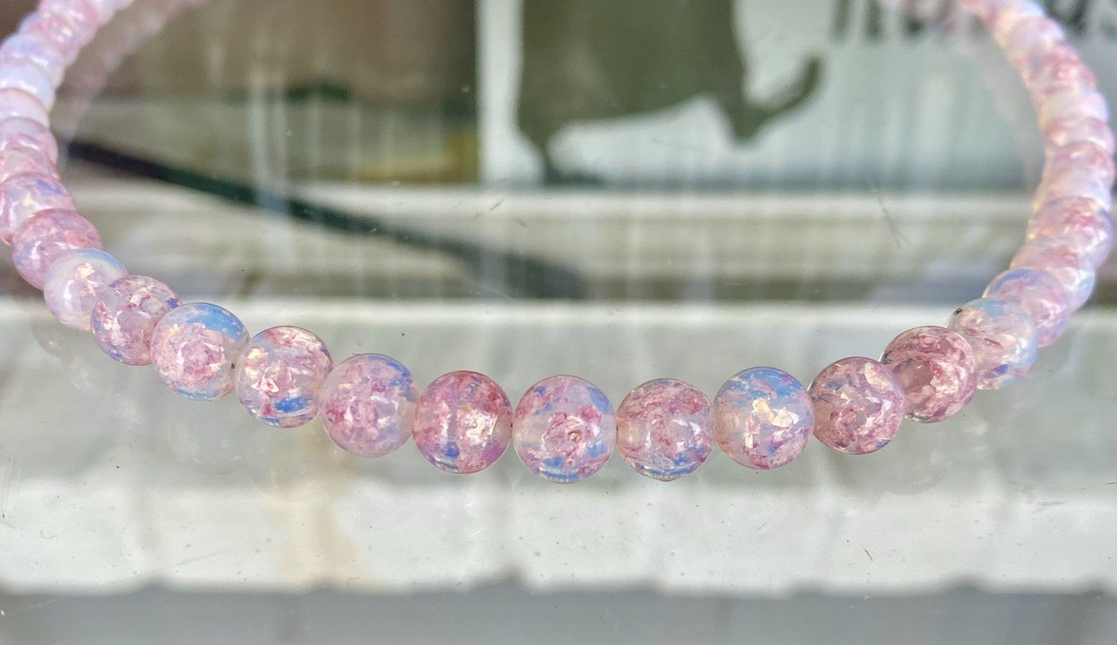 Vtg Opalescent Foil Pink Blue Glass Graduated Necklace Sterling Silver Clasp